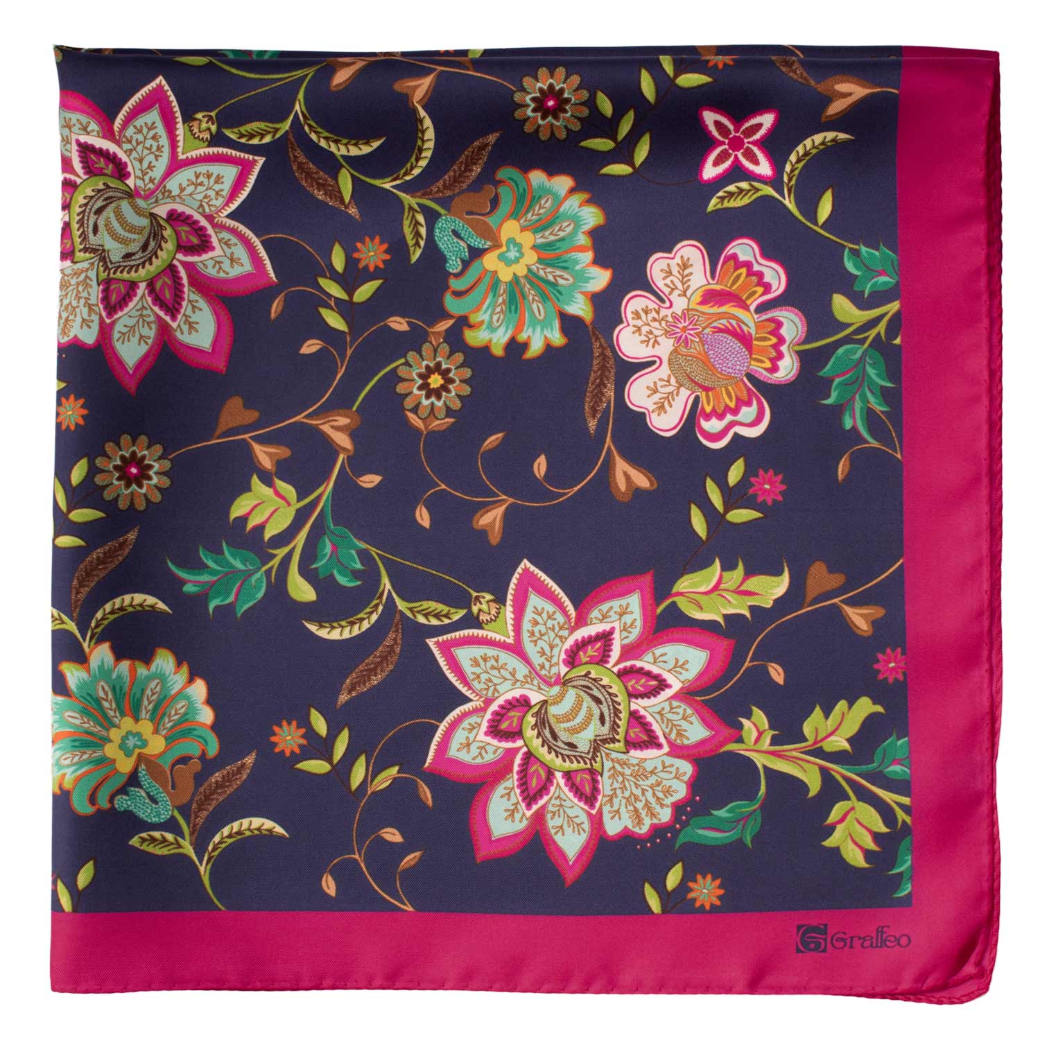 Foulard Vintage di Seta Viola Scuro Fucsia A Fiori Multicolor F23 Dettaglio