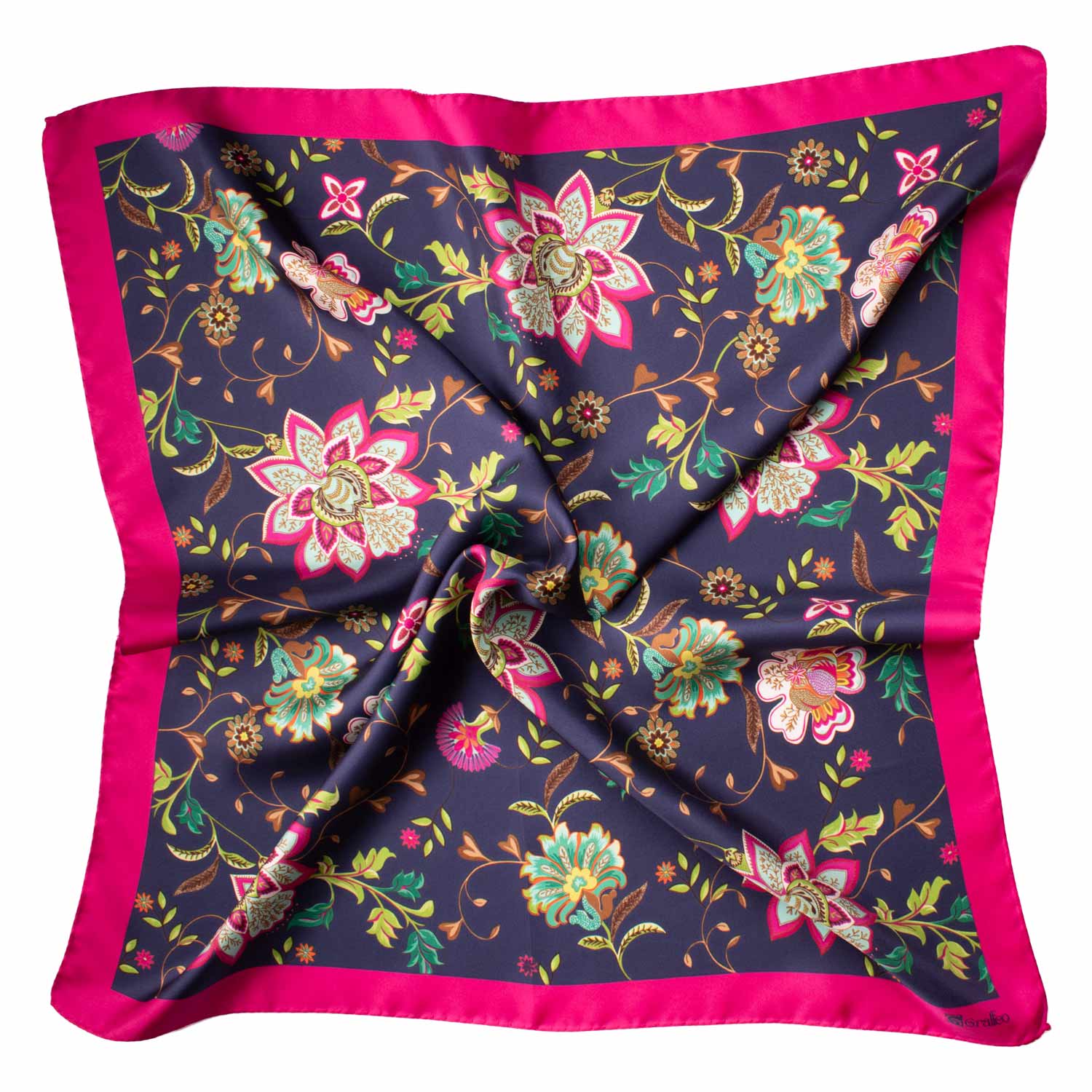 Foulard Vintage di Seta Viola Scuro Fucsia A Fiori Multicolor F23 Tessuto