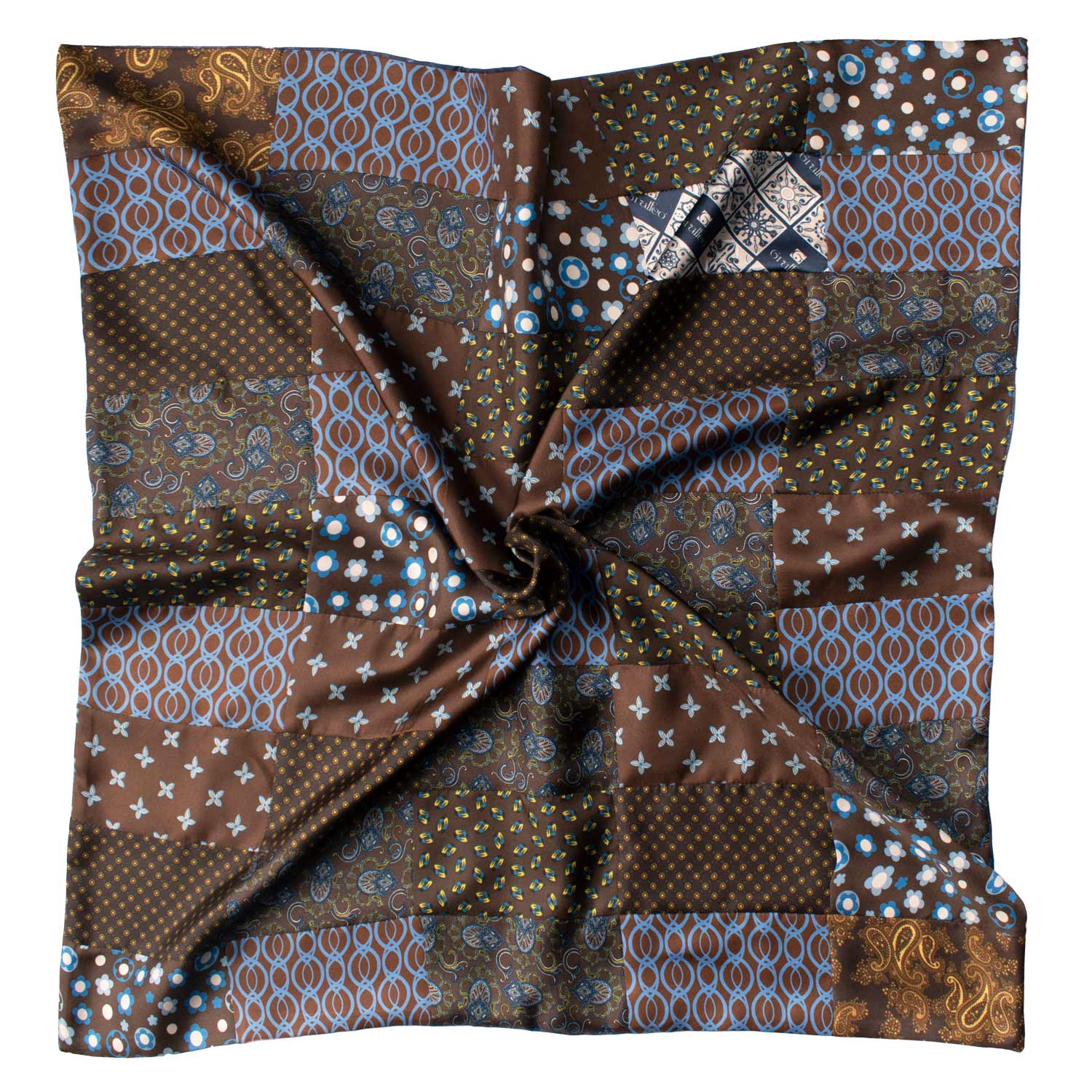 Foulard di Seta Marrone Vintage Patchwork Fantasia Multicolor FP61 Made in Italy Graffeo Cravatte Tessuto