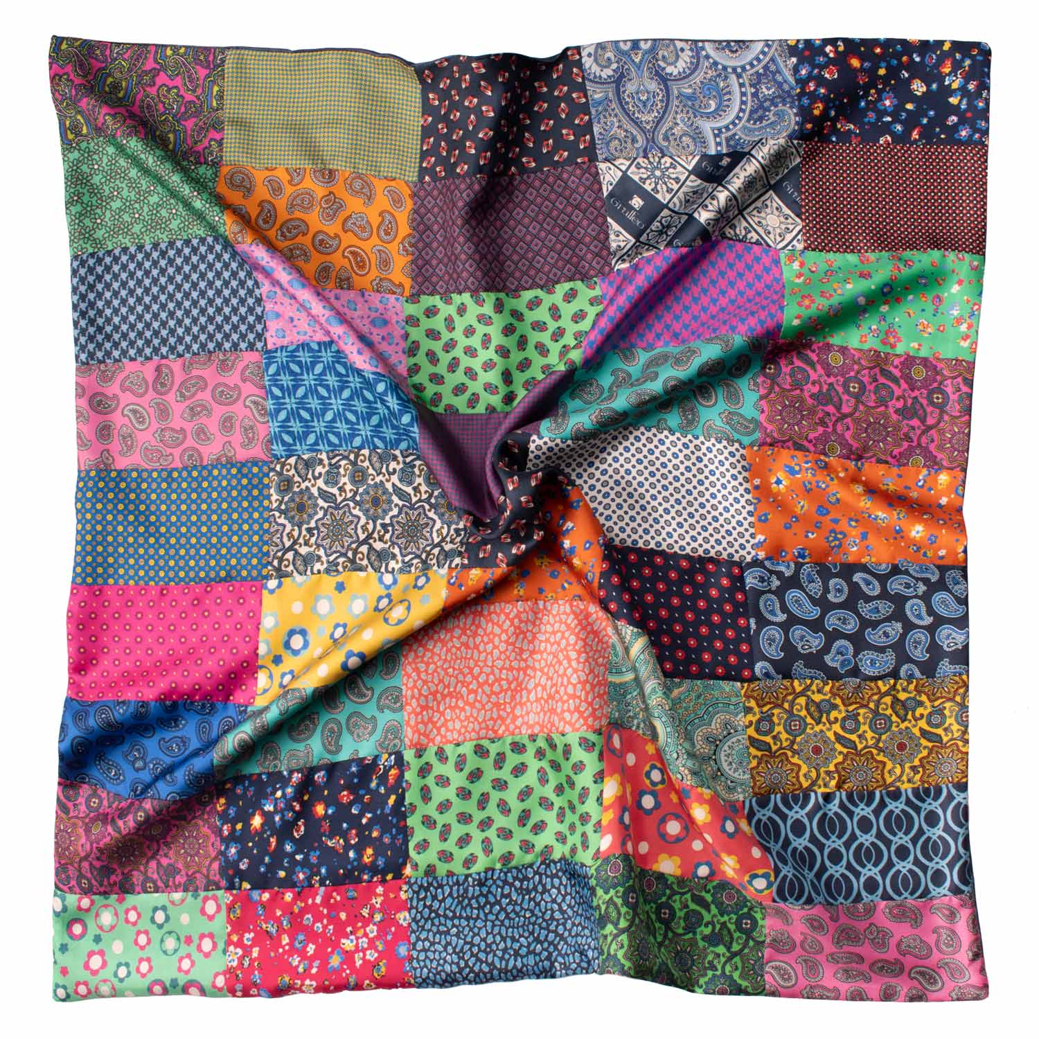 Foulard di Seta Vintage Patchwork Fantasia Multicolor FP62 Made in Italy Graffeo Cravatte Tessuto