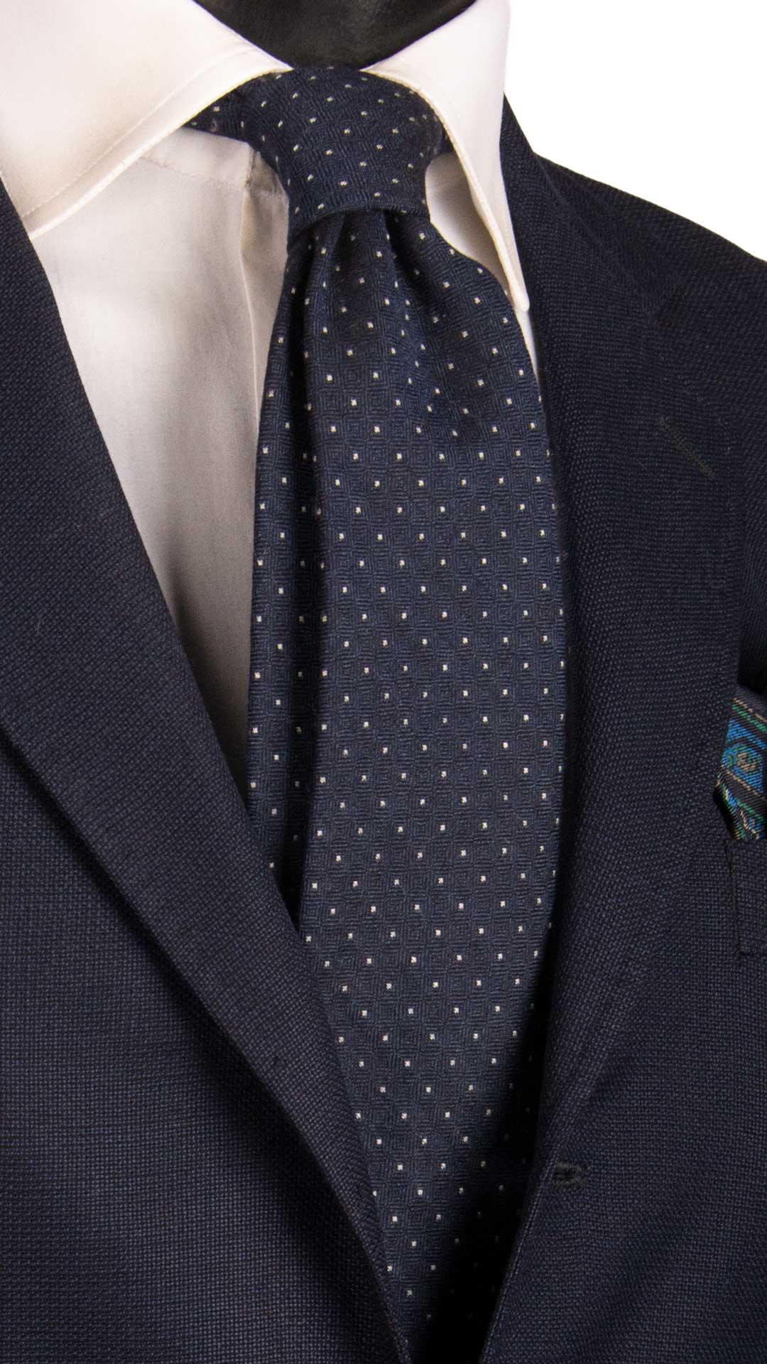 Cravatta-in-Lana-Seta-Blu-Punto-a-Spillo-Bianco- L1022