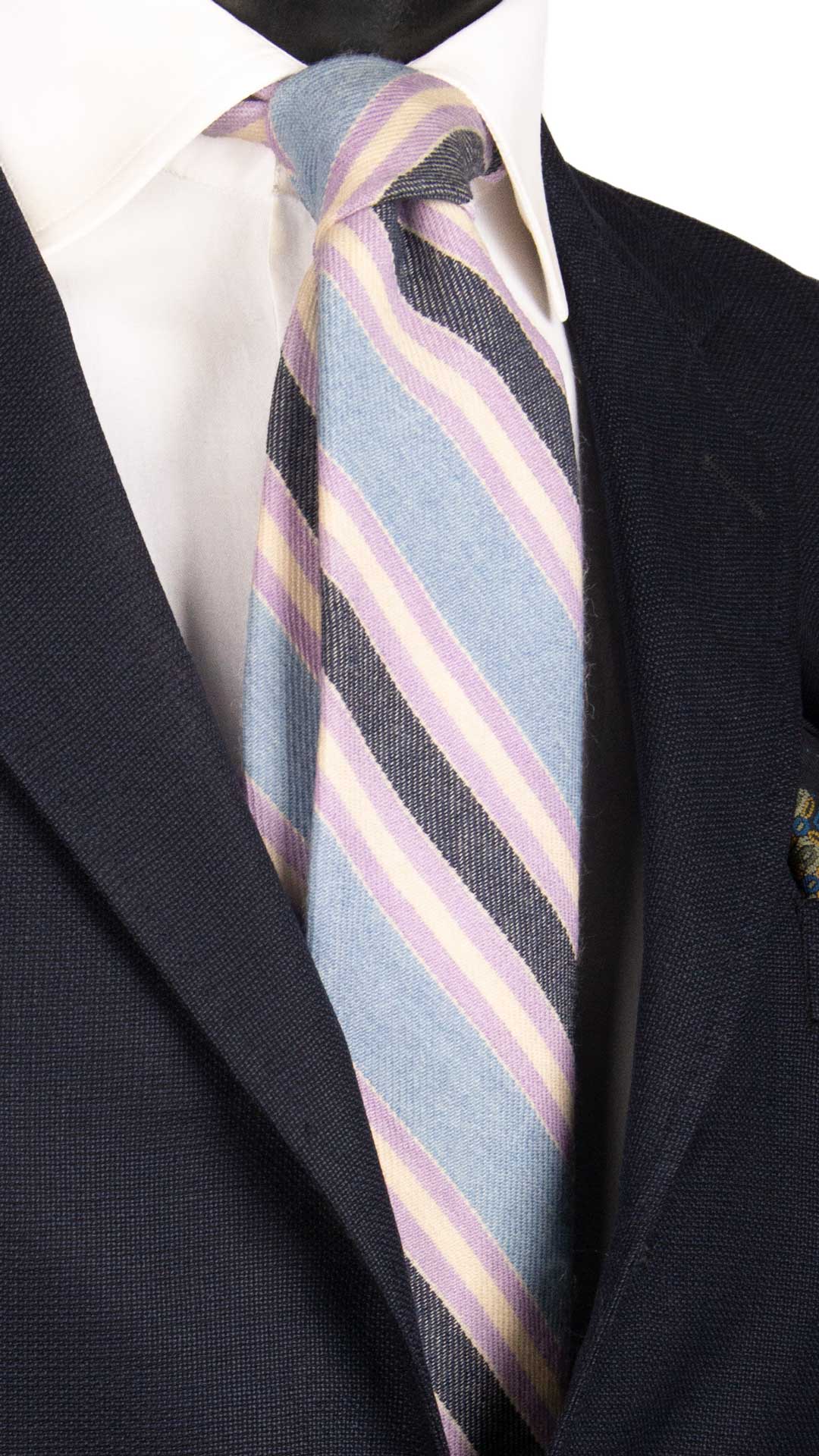 Cravatta-Regimental-in-Lana-Cashmere-con-Righe-Celesti-Blu-Lilla-Bianco-Panna- L974