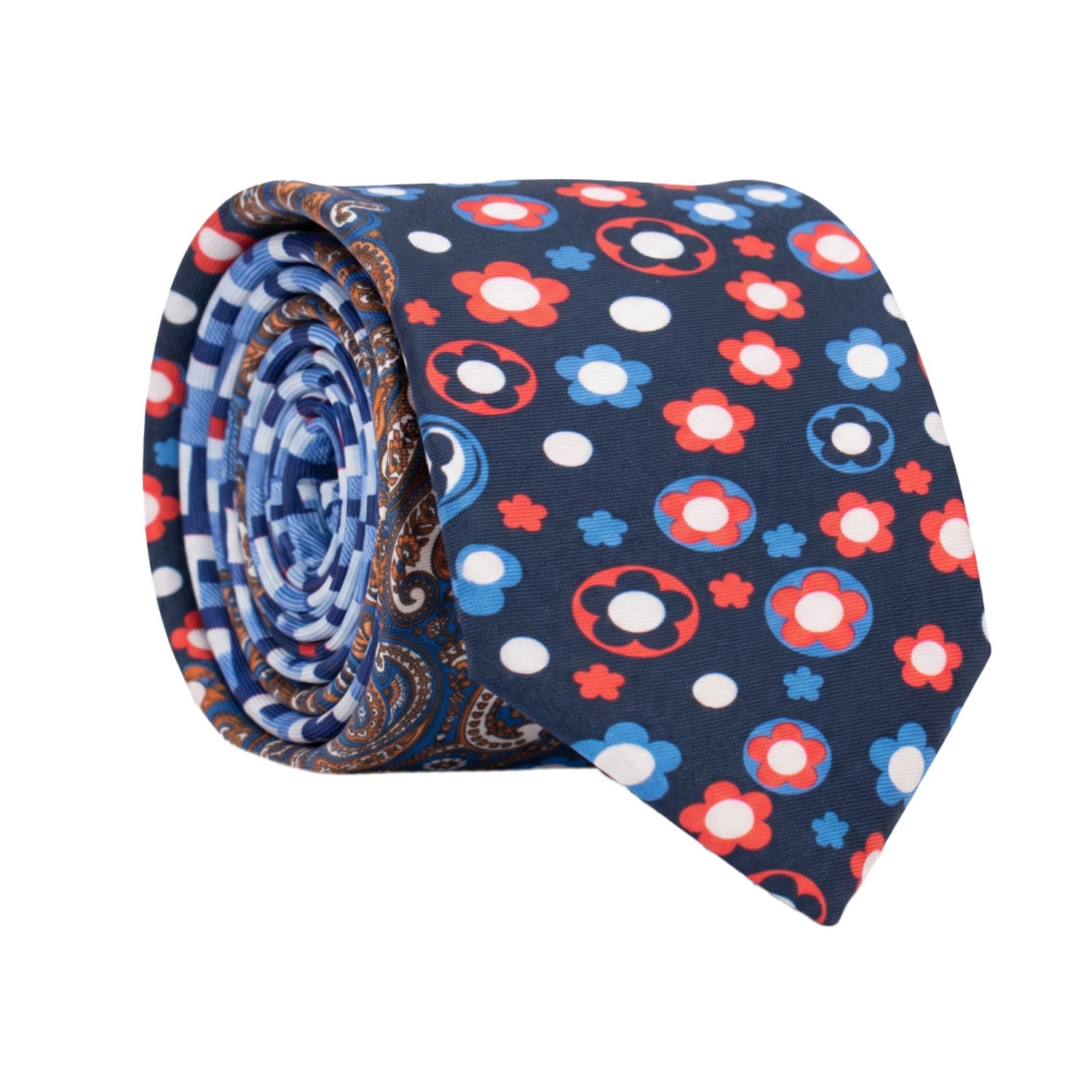 Cravatta Stampa di Seta Blu a Fiori Multicolor Nodo in Contrasto Fantasia Celeste Bianco Rosso N3266 Made in Italy Graffeo Cravatte Rotolo