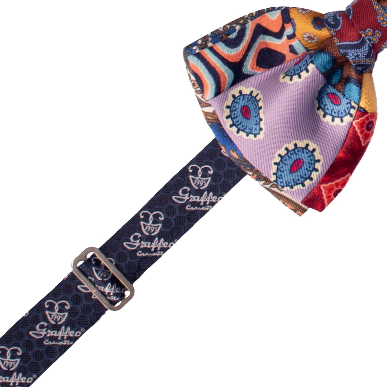 Papillon Annodato Patchwork Stampa di Seta Fantasia Multicolor PATCH1074 Made in Italy Graffeo Cravatte Pre-Tied