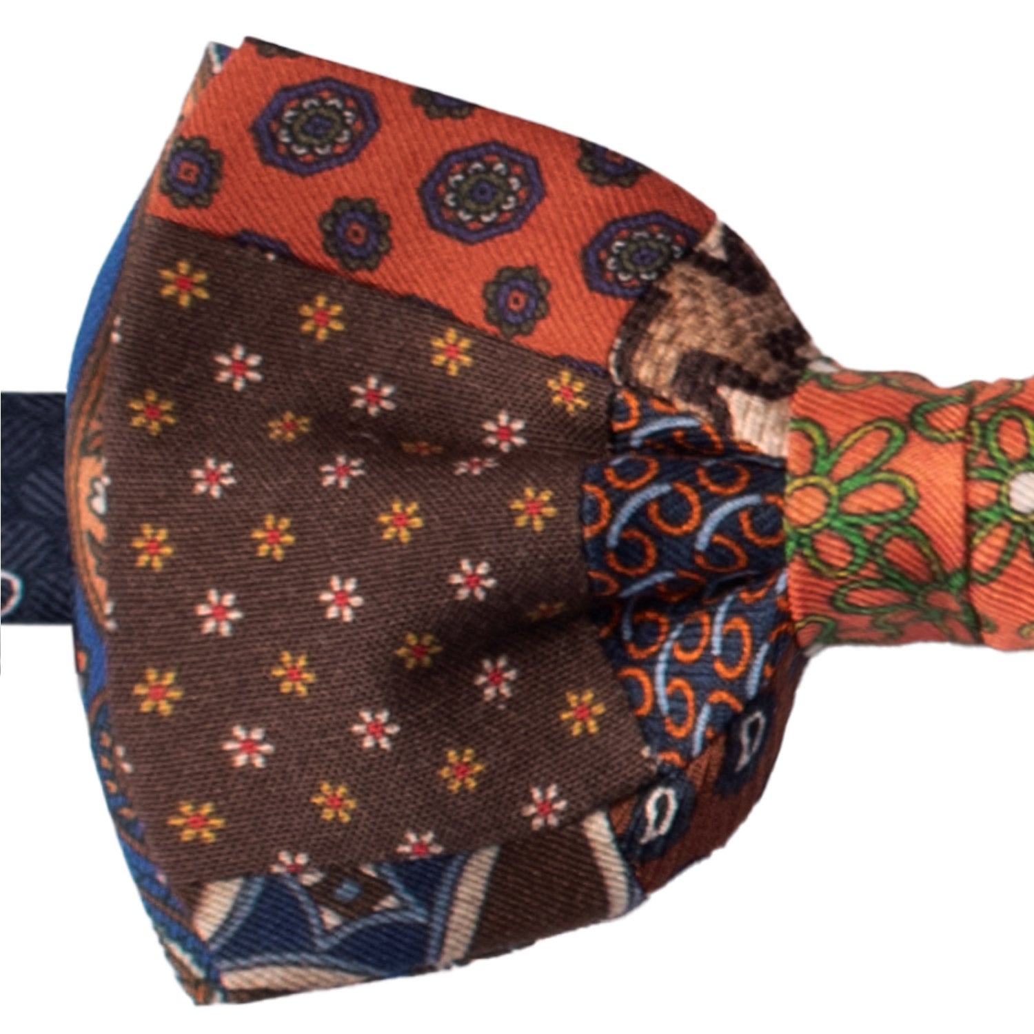 Papillon Annodato Patchwork Stampa di Seta Marrone Arancione Fantasia Multicolor PATCH1041 Made in Italy Graffeo Cravatte Dettaglio