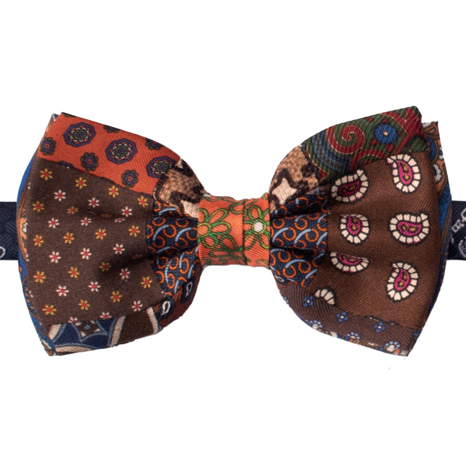 Papillon Annodato Patchwork Stampa di Seta Marrone Arancione Fantasia Multicolor PATCH1041 Made in Italy Graffeo Cravatte