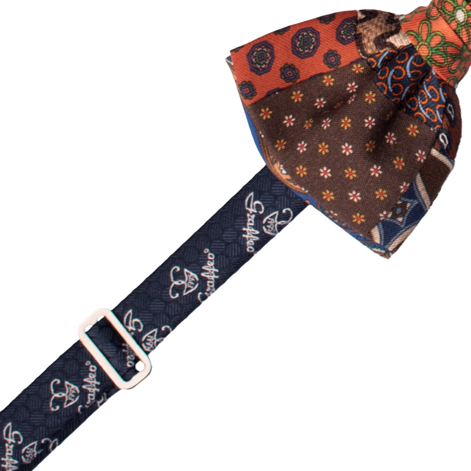 Papillon Annodato Patchwork Stampa di Seta Marrone Arancione Fantasia Multicolor PATCH1041 Made in Italy Graffeo Cravatte Pre-Tied