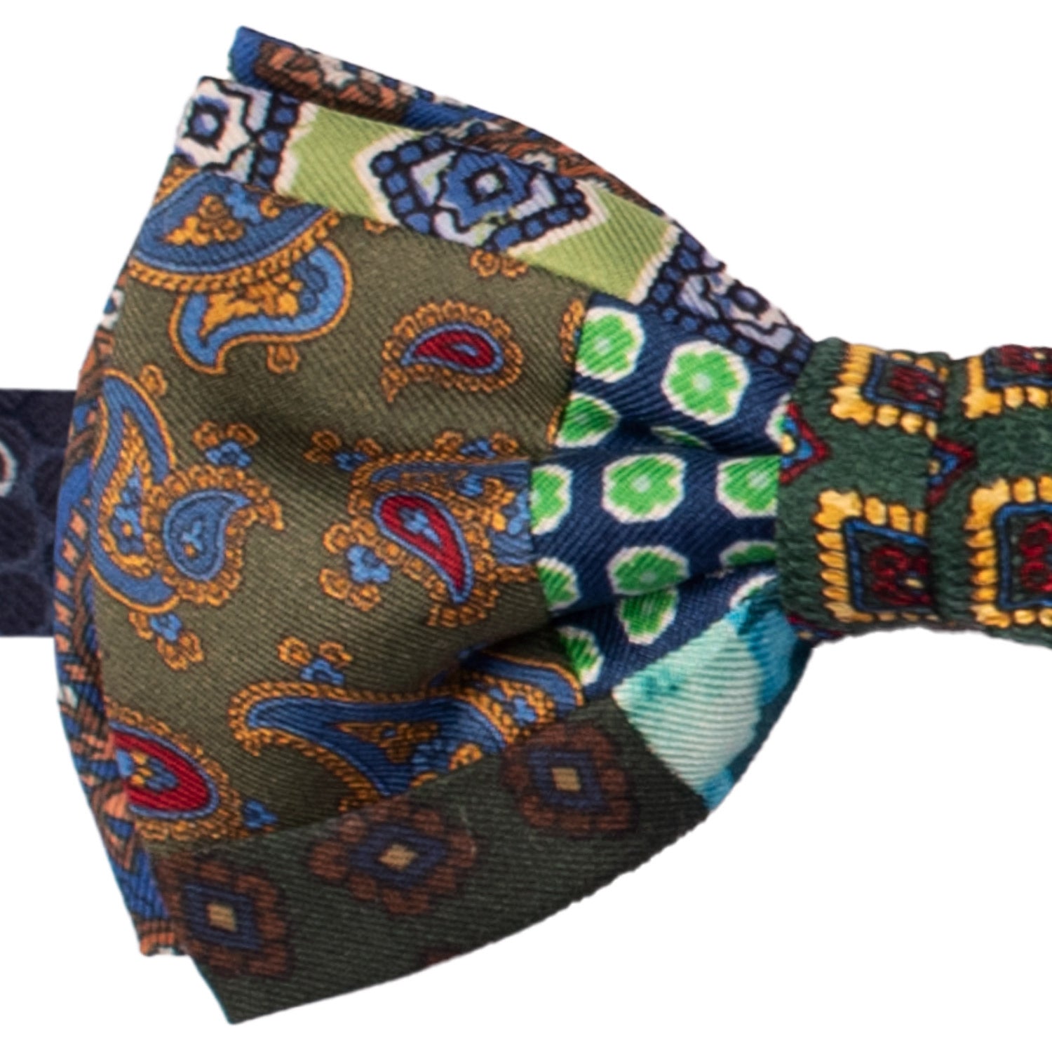 Papillon Annodato Patchwork Stampa di Seta Verde Fantasia Multicolor PATCH1043 Made in Italy Graffeo Cravatte Dettaglio
