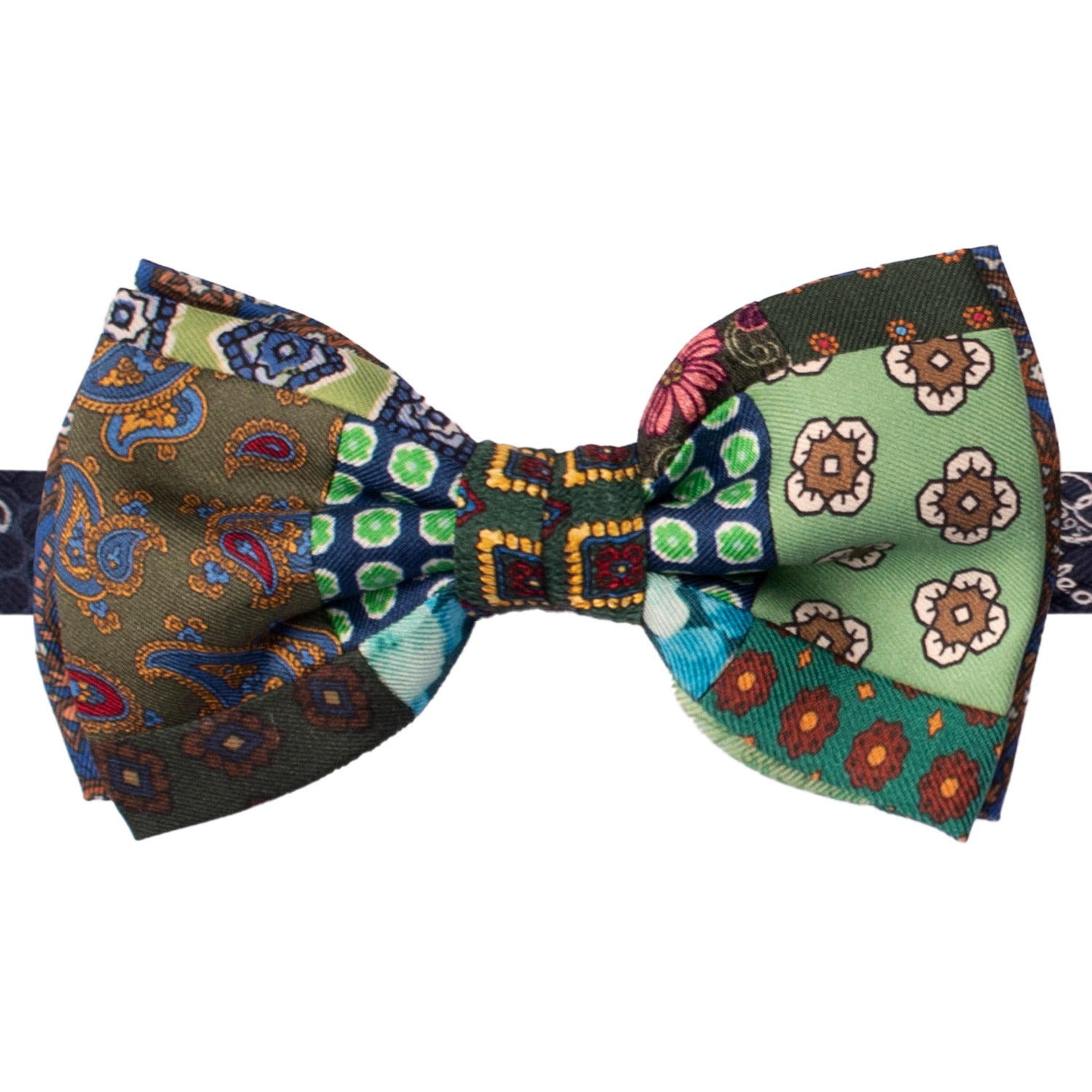 Papillon Annodato Patchwork Stampa di Seta Verde Fantasia Multicolor PATCH1043 Made in Italy Graffeo Cravatte