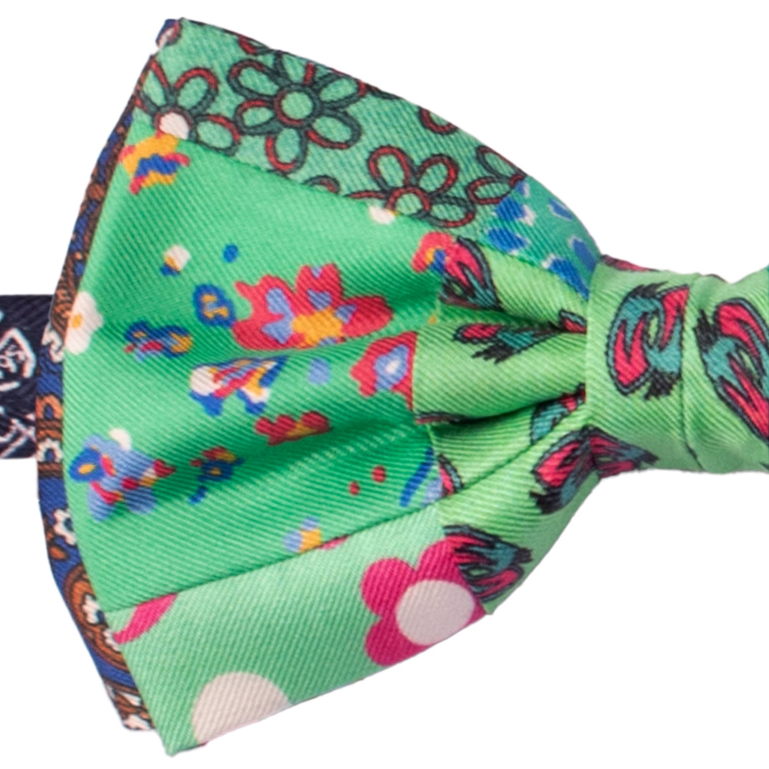 Papillon Annodato Patchwork Stampa di Seta Verde Fantasia Multicolor PATCH1049 Made in Italy Graffeo Cravatte Dettaglio