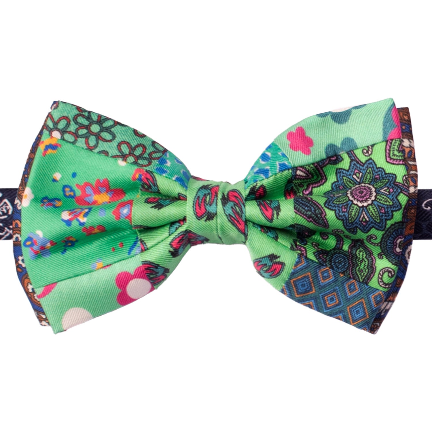 Papillon Annodato Patchwork Stampa di Seta Verde Fantasia Multicolor PATCH1049 Made in Italy Graffeo Cravatte