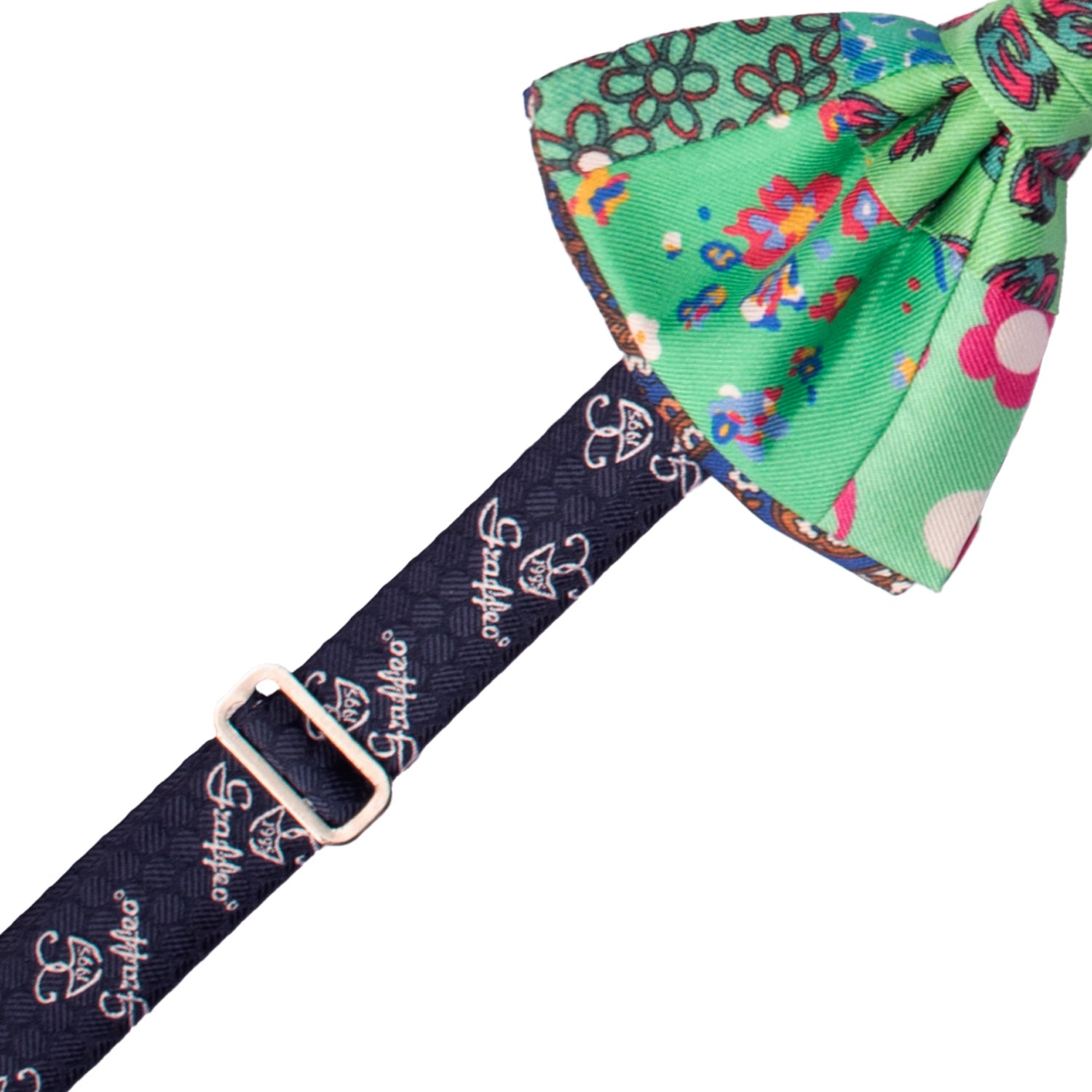 Papillon Annodato Patchwork Stampa di Seta Verde Fantasia Multicolor PATCH1049 Made in Italy Graffeo Cravatte Pre-Tied
