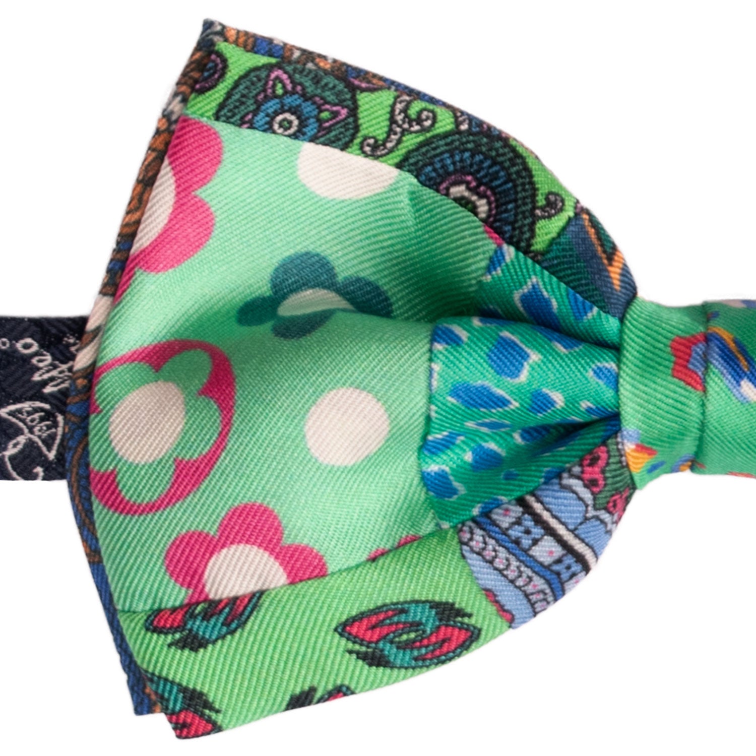 Papillon Annodato Patchwork Stampa di Seta Verde Fantasia Multicolor PATCH999 Dettaglio