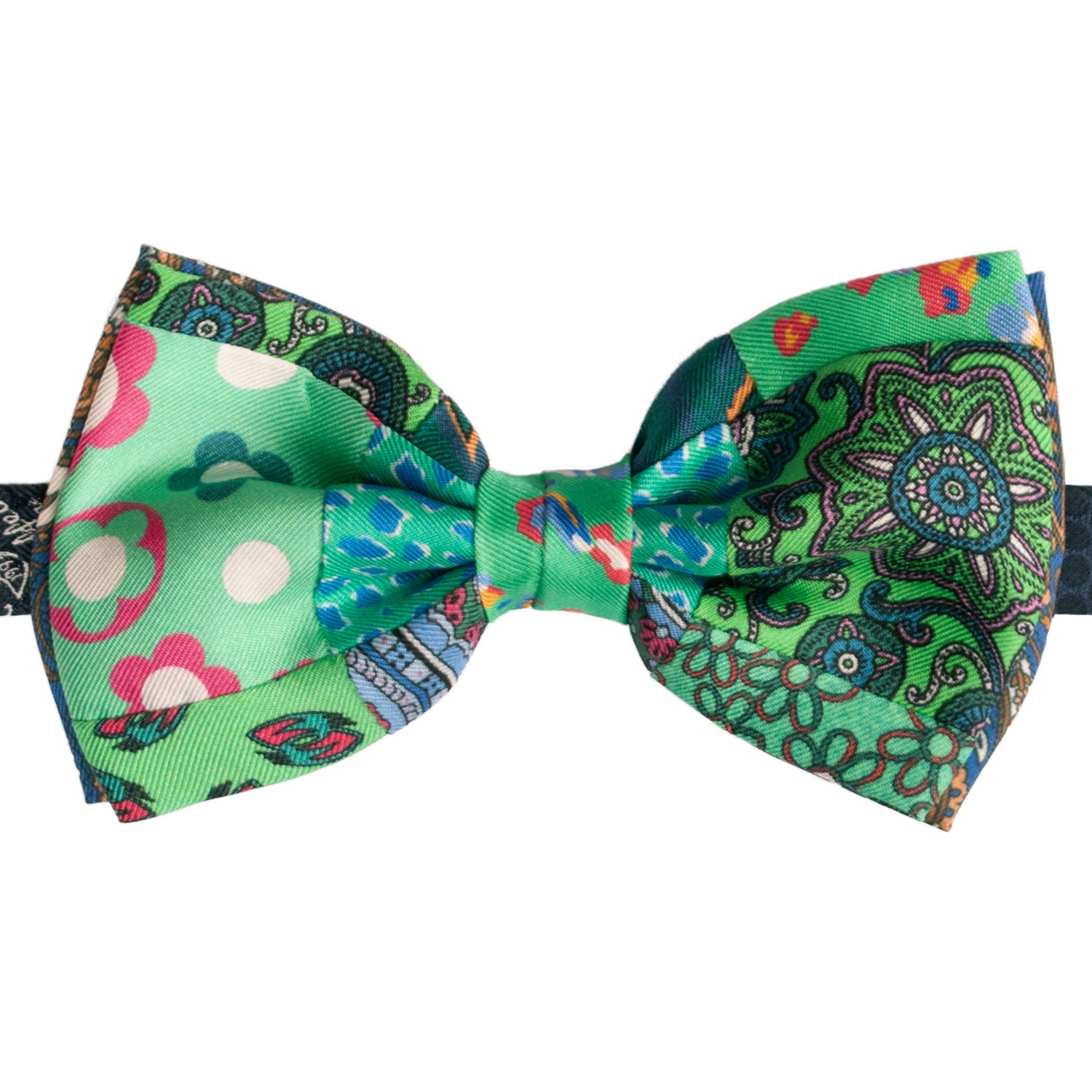 Papillon Annodato Patchwork Stampa di Seta Verde Fantasia Multicolor PATCH999 MAde in Italy Graffeo Cravatte