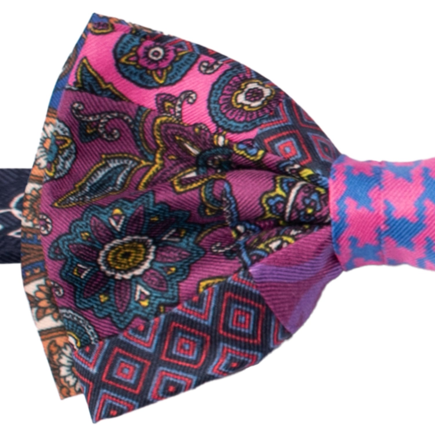 Papillon Annodato Patchwork Stampa di Seta Viola Fantasia Multicolor PATCH1062 Made in Italy Graffeo Cravatte Dettaglio