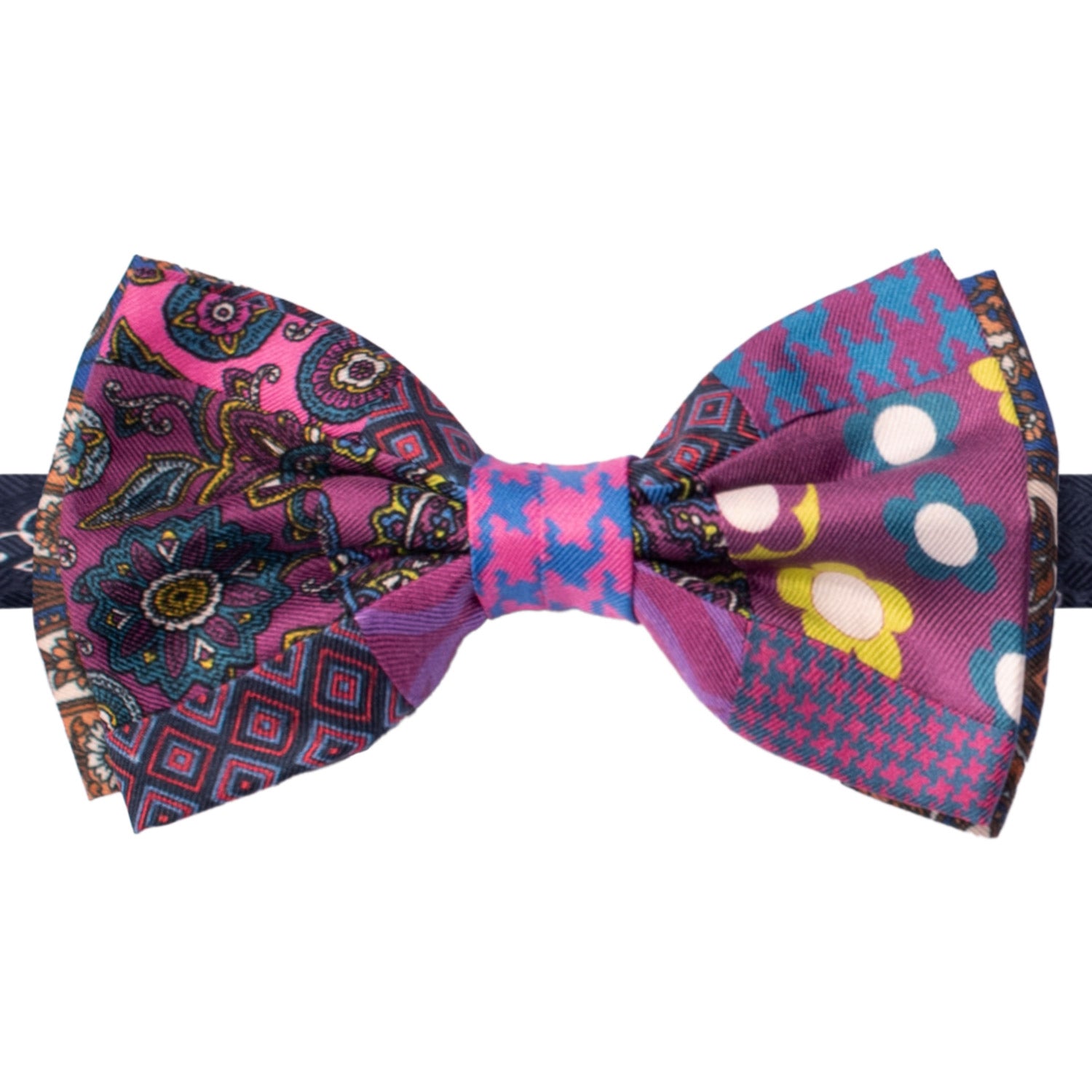 Papillon Annodato Patchwork Stampa di Seta Viola Fantasia Multicolor PATCH1062 Made in Italy Graffeo Cravatte