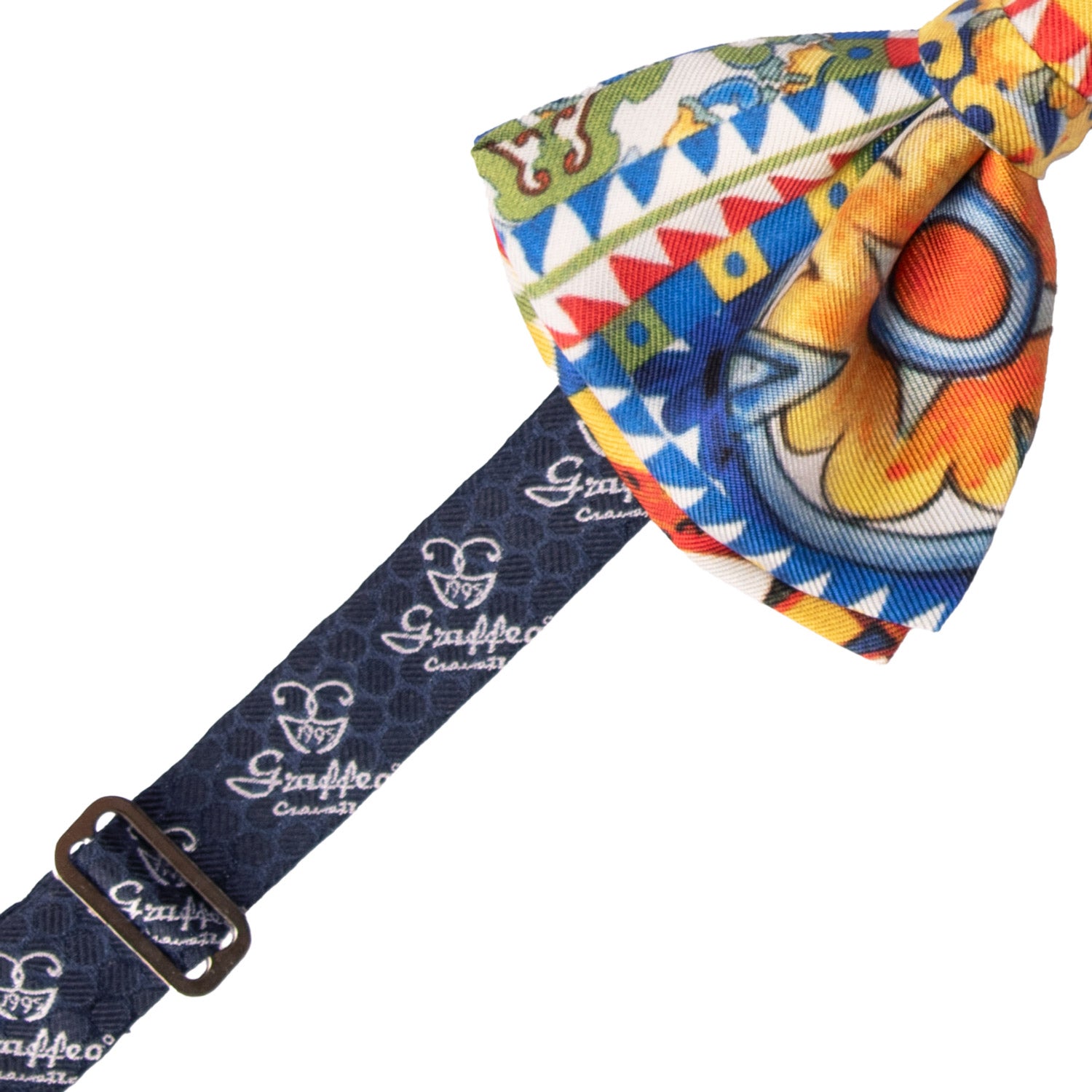 Papillon Annodato Siciliano Sartoriale in Seta Stampata con Maioliche PS202 Graffeo Cravatte Made in Italy Pre-Tied