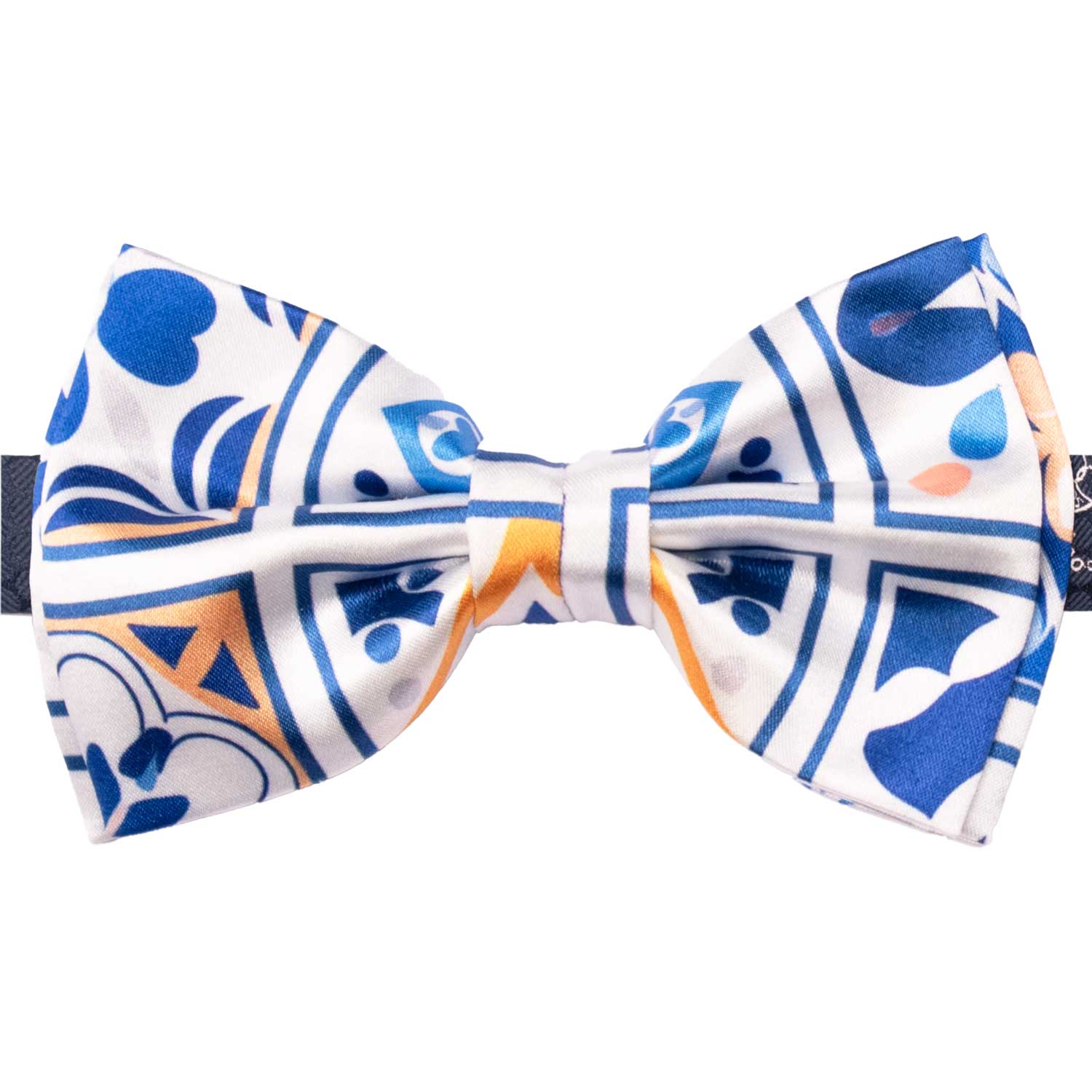 Papillon Annodato Siciliano Stampa di Raso Bianco con Maioliche Giallo Ocra Blu PS307 Made in Italy Graffeo Cravatte