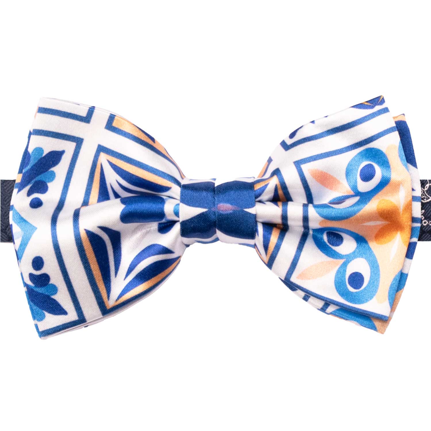 Papillon Annodato Siciliano Stampa di Raso Bianco con Maioliche Giallo Ocra Blu PS308 Made in Italy Graffeo Cravatte