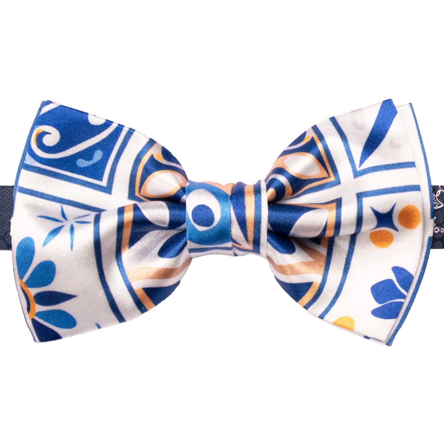 Papillon Annodato Siciliano Stampa di Raso Bianco con Maioliche Giallo Ocra Blu PS311 Made in Italy Graffeo Cravatte