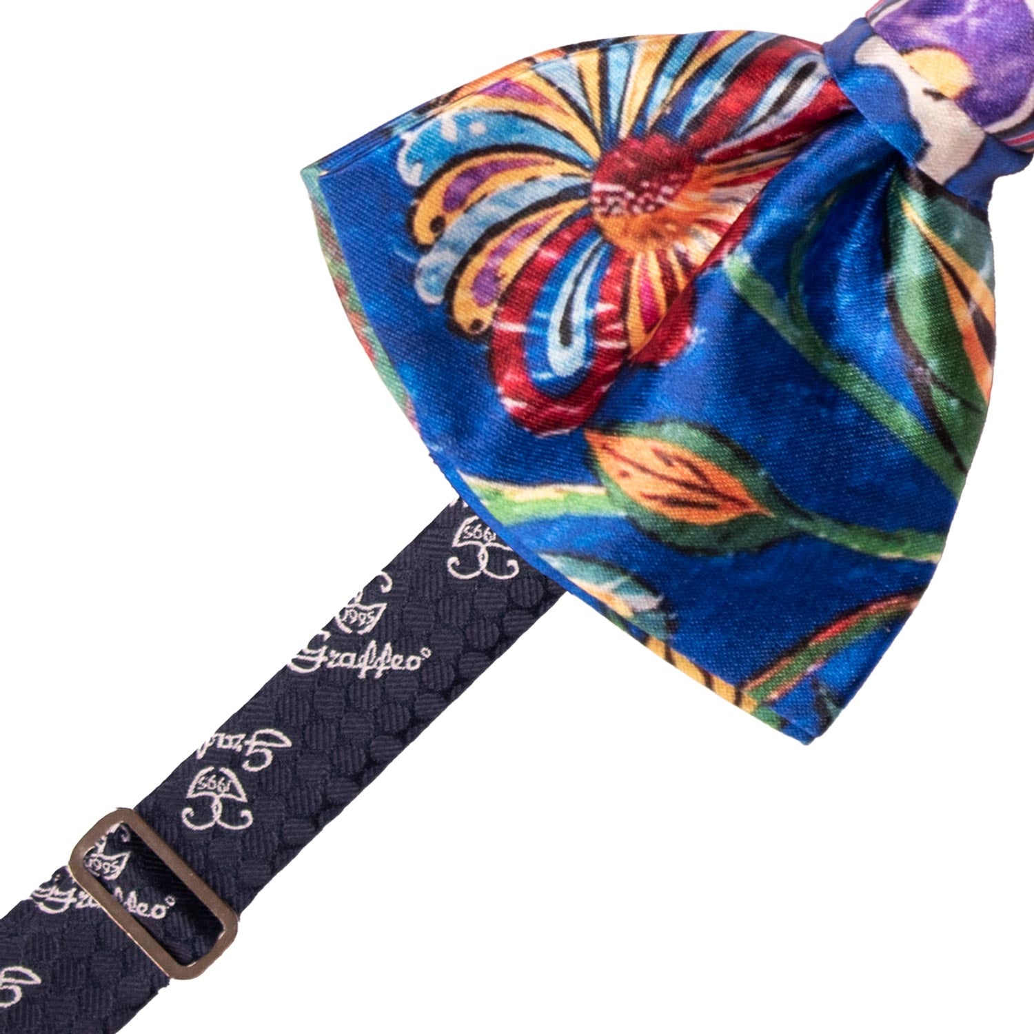 Papillon Annodato Siciliano Stampa di Raso Bluette Fantasia Multicolor PS269 Made in Italy Graffeo Cravatte Pre-Tied
