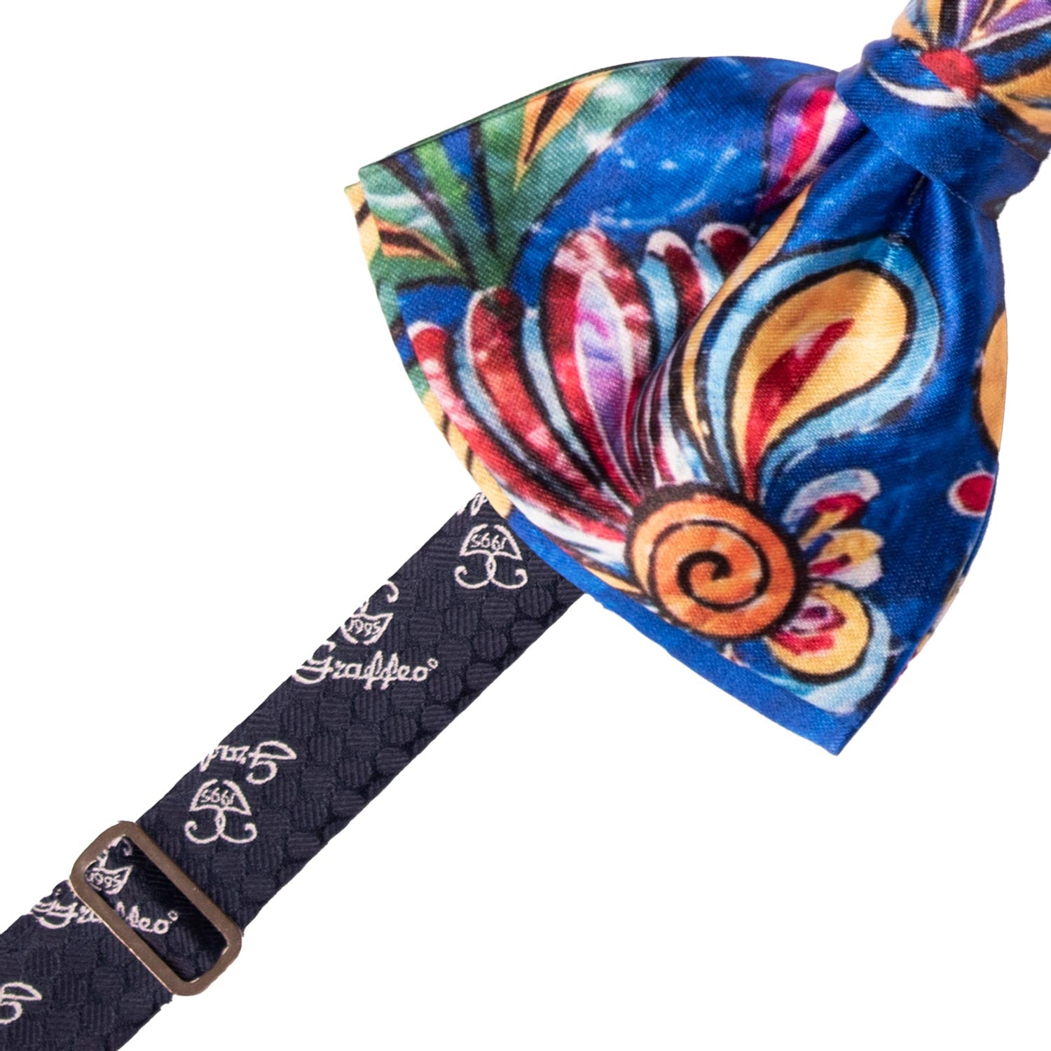 Papillon Annodato Siciliano Stampa di Raso Bluette Fantasia Multicolor PS270 Made in Italy Graffeo Cravatte Pre-Tied