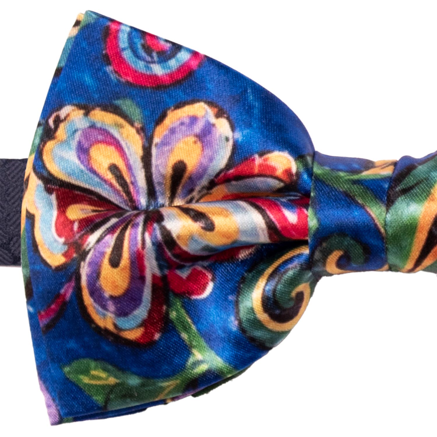 Papillon Annodato Siciliano Stampa di Raso Bluette Fantasia Multicolor PS271 Made in Italy Graffeo Cravatte Dettaglio