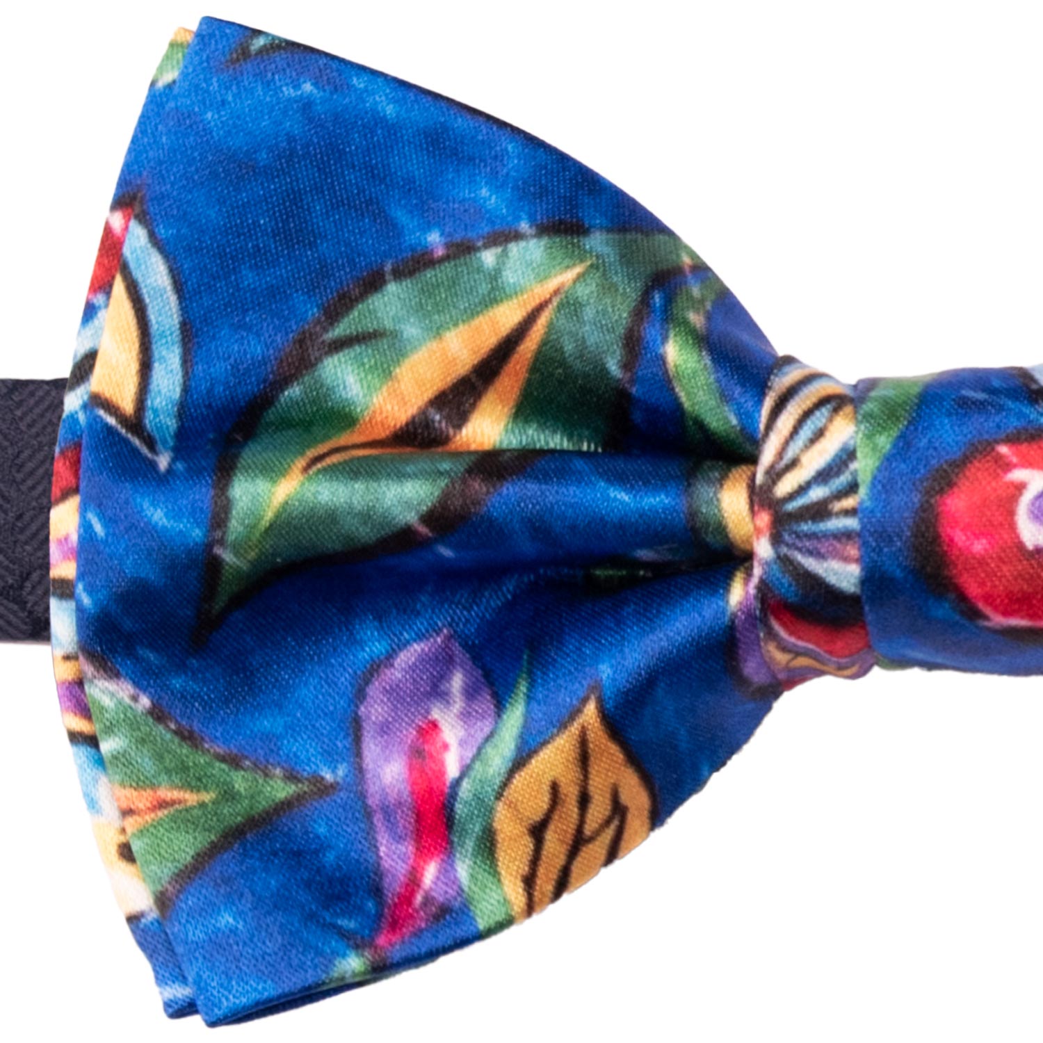 Papillon Annodato Siciliano Stampa di Raso Bluette Fantasia Multicolor PS275 Made in Italy Graffeo Cravatte Dettaglio