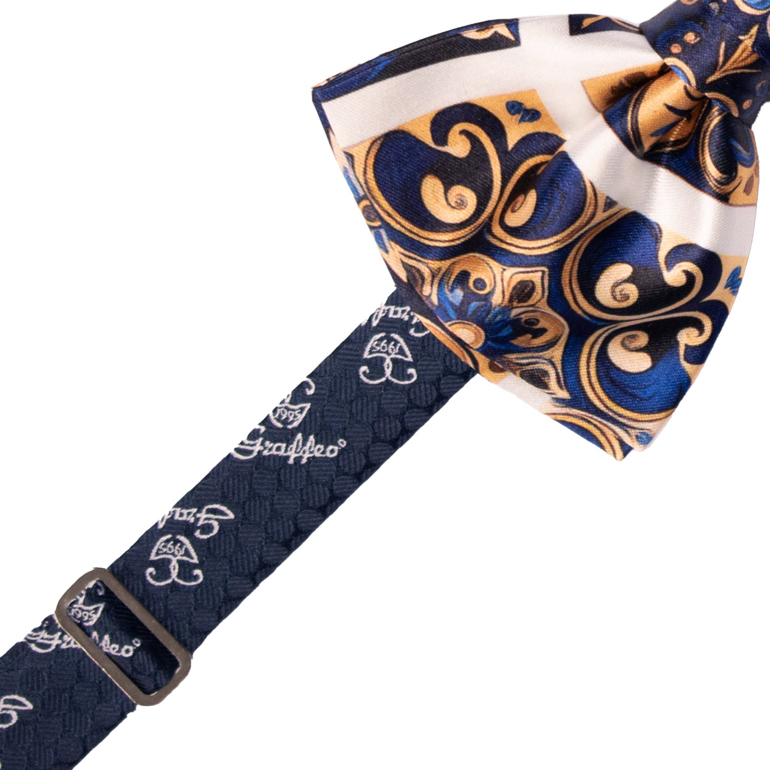 Papillon Annodato Siciliano Stampa di Raso con Maioliche Giallo Oro Blu Bluette PS241 Made in Italy Graffeo Cravatte Pre-Tied