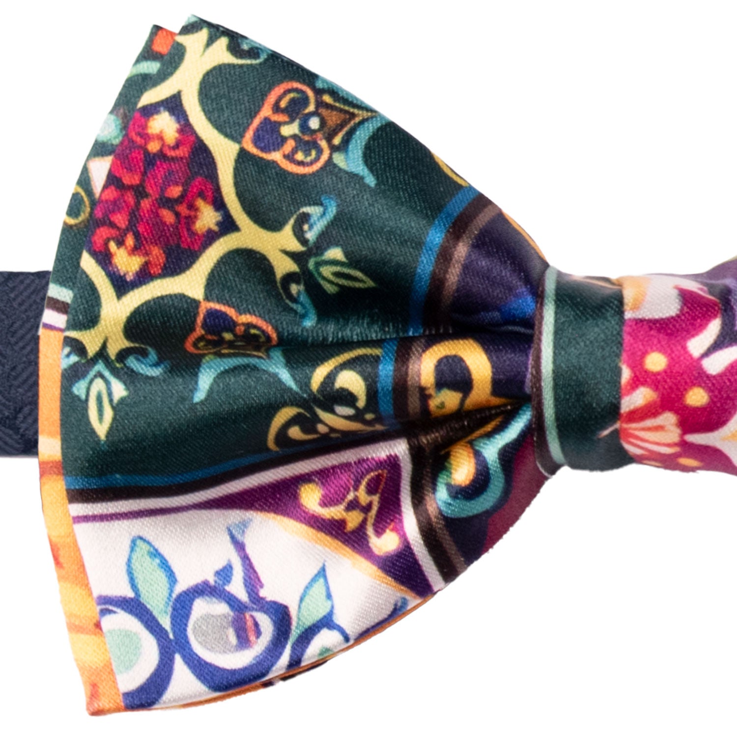 Papillon Annodato Siciliano Stampa di Raso con Maioliche Multicolor PS252 Made in Italy Graffeo Cravatte Dettaglio