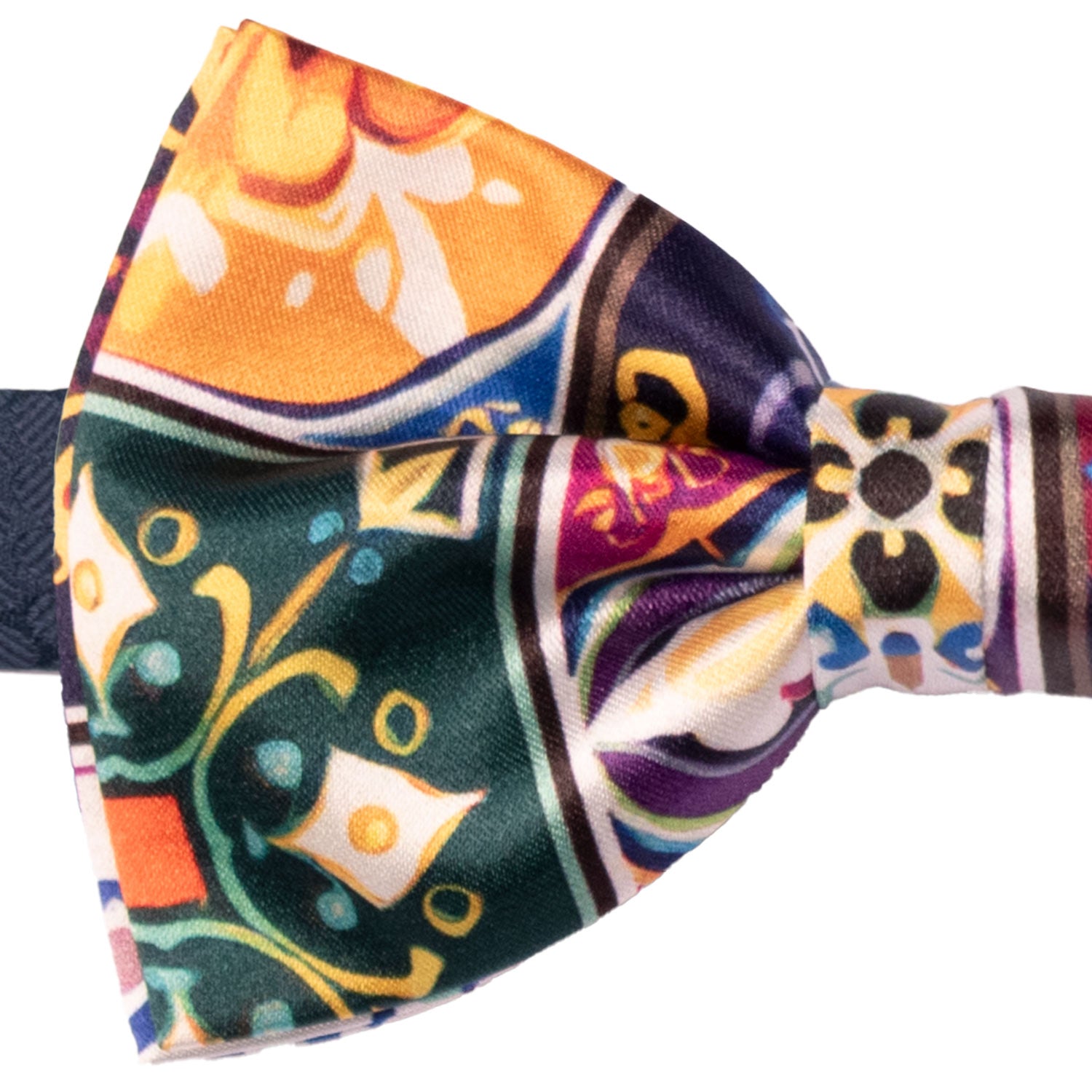 Papillon Annodato Siciliano Stampa di Raso con Maioliche Multicolor PS253 Made in Italy Graffeo Cravatte Dettaglio