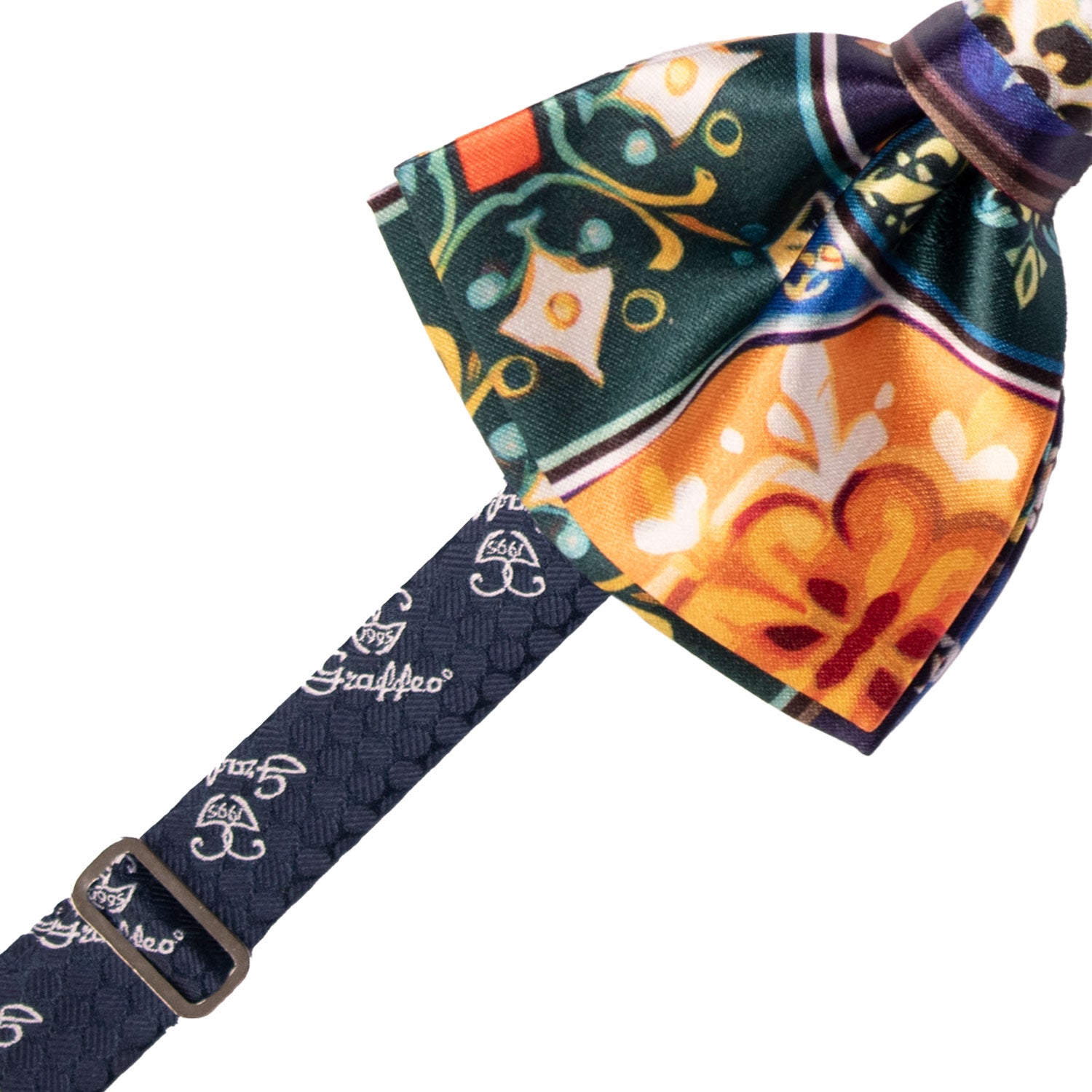 Papillon Annodato Siciliano Stampa di Raso con Maioliche Multicolor PS255 Made in Italy Graffeo Cravatte Pre-Tied