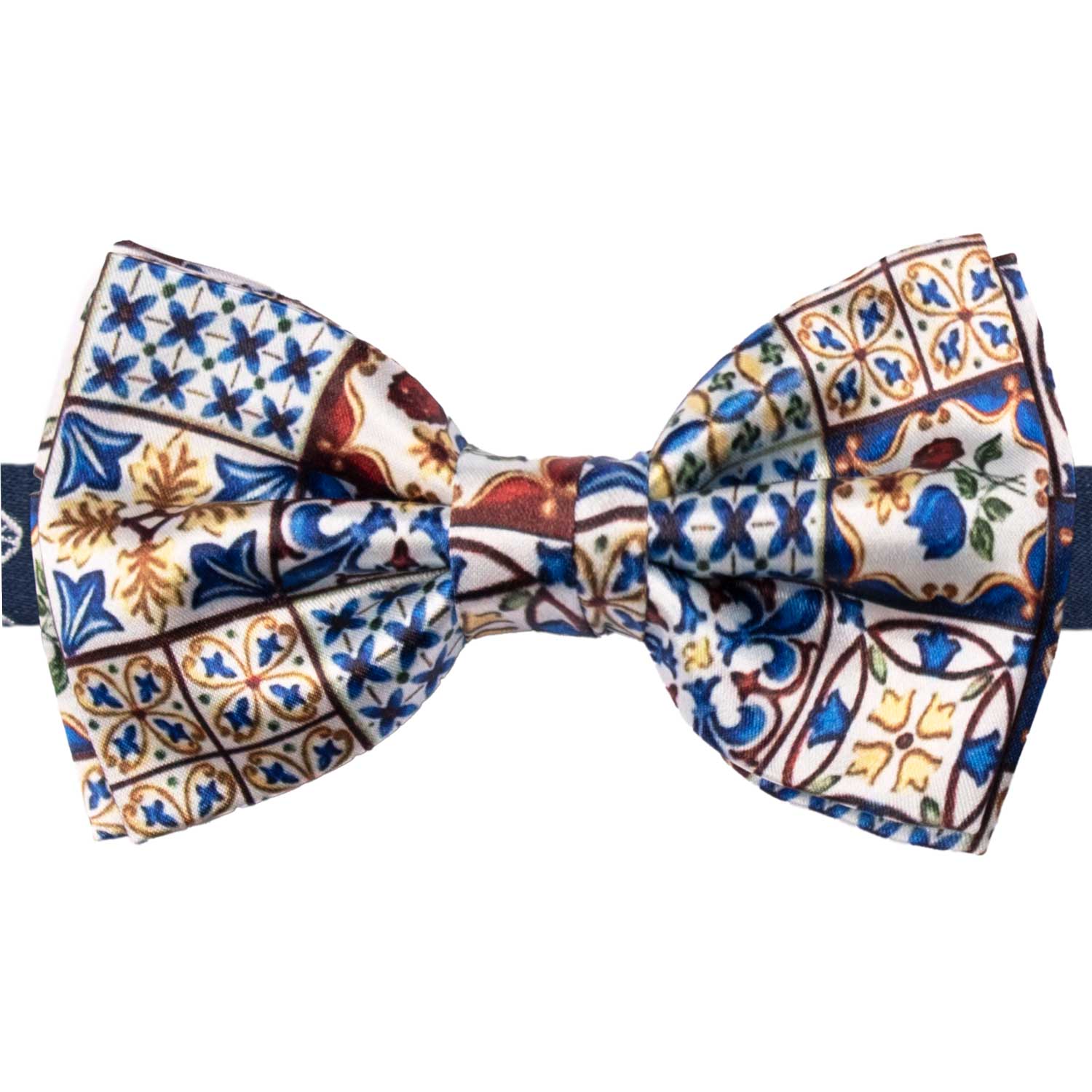 Man Sicilian Printed Satin Pre-Tied Bow Tie Multicolor Majolica PS284 Made in Italy Graffeo Cravatte