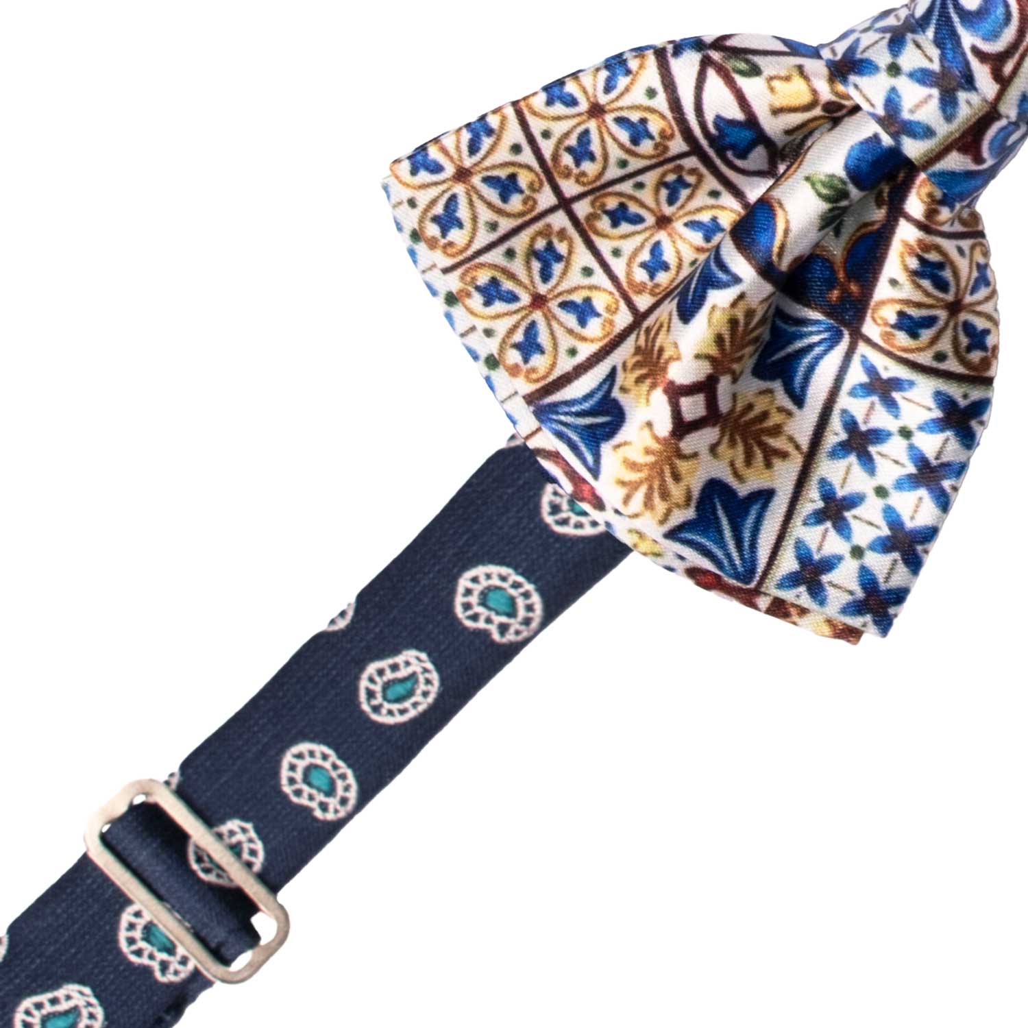 Papillon Annodato Siciliano Stampa di Raso con Maioliche Multicolor PS286 Made in Italy Graffeo Cravatte Pre-Tied