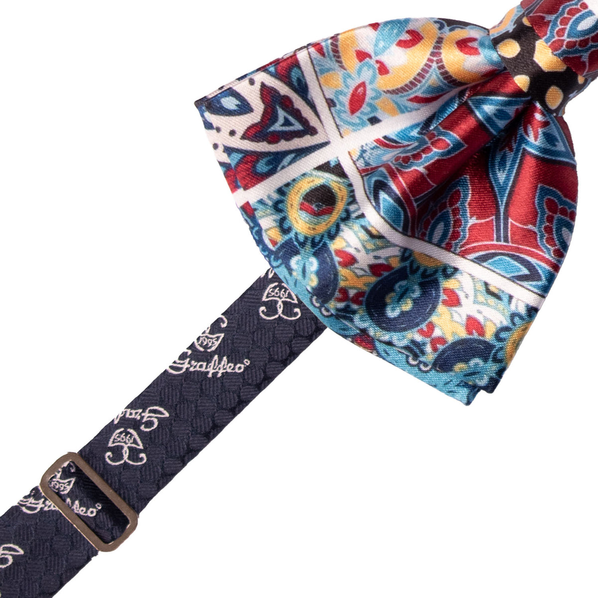 Papillon Annodato Siciliano Stampa di Raso con Maioliche Multicolor PS336 Made in Italy Graffeo Cravatte Pre-Tied