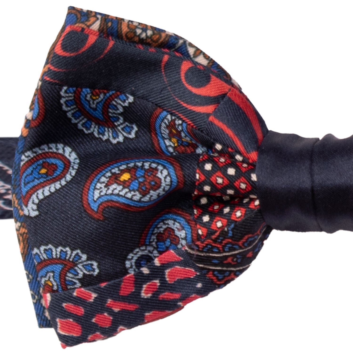 Papillon Annodato Vintage Patchwork Stampa di Seta Blu Fantasia Multicolor PATCH1102 Made in Italy Graffeo Cravatte Dettaglio