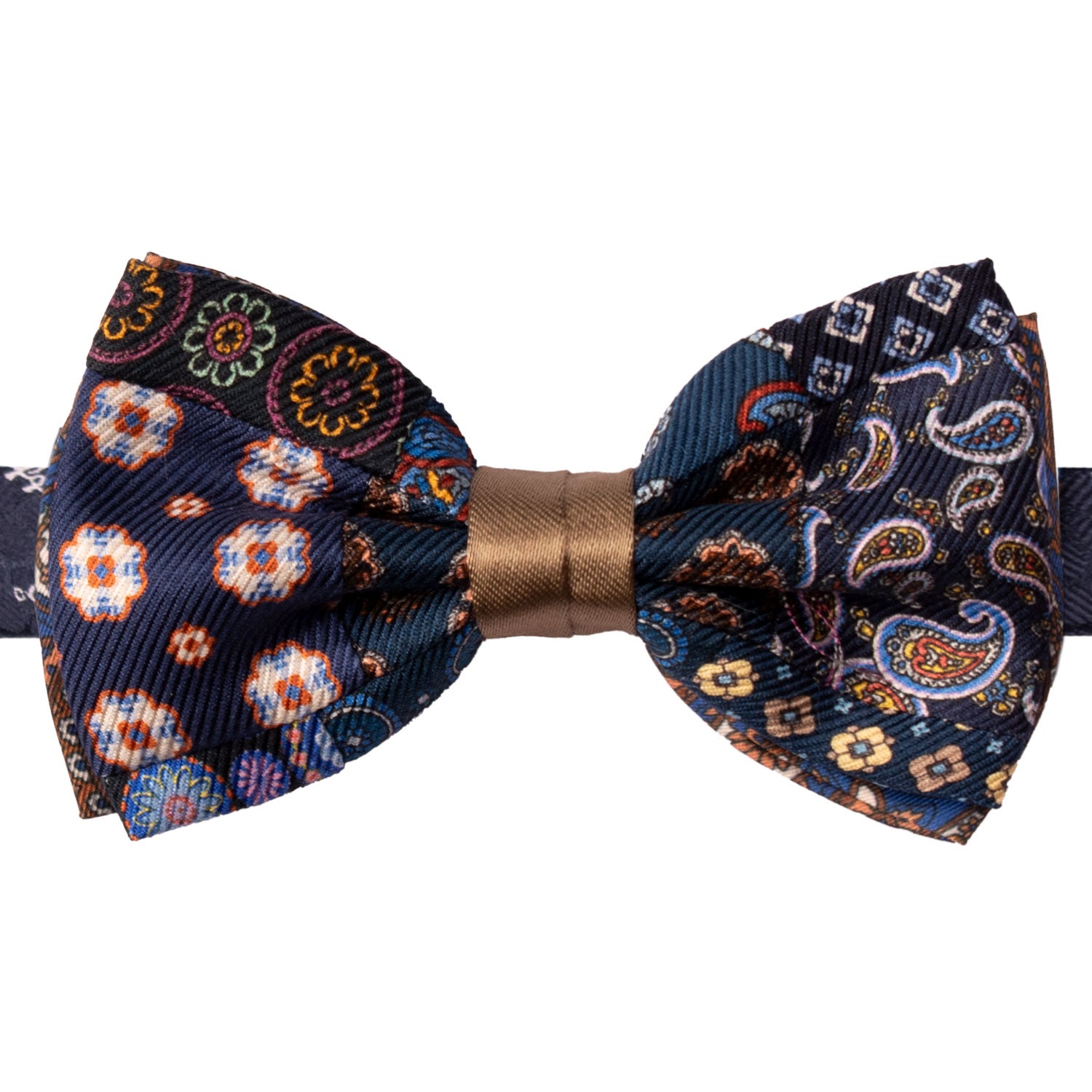 Papillon Annodato Vintage Patchwork Stampa di Seta Blu Fantasia Multicolor PATCH1160 Graffeo Cravatte Made in Italy