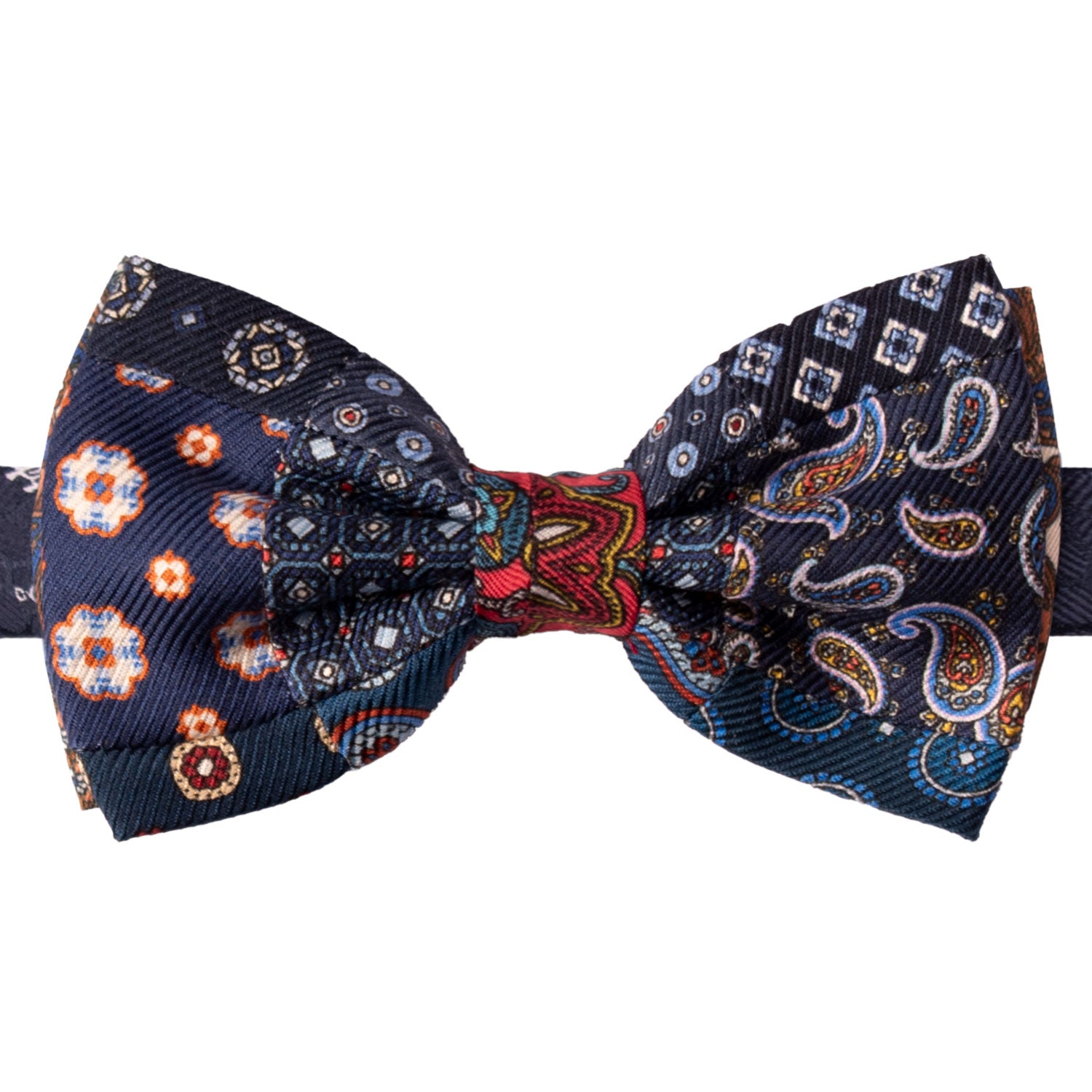 Papillon Annodato Vintage Patchwork Stampa di Seta Blu Fantasia Multicolor PATCH1165 Graffeo Cravatte Made in Italy