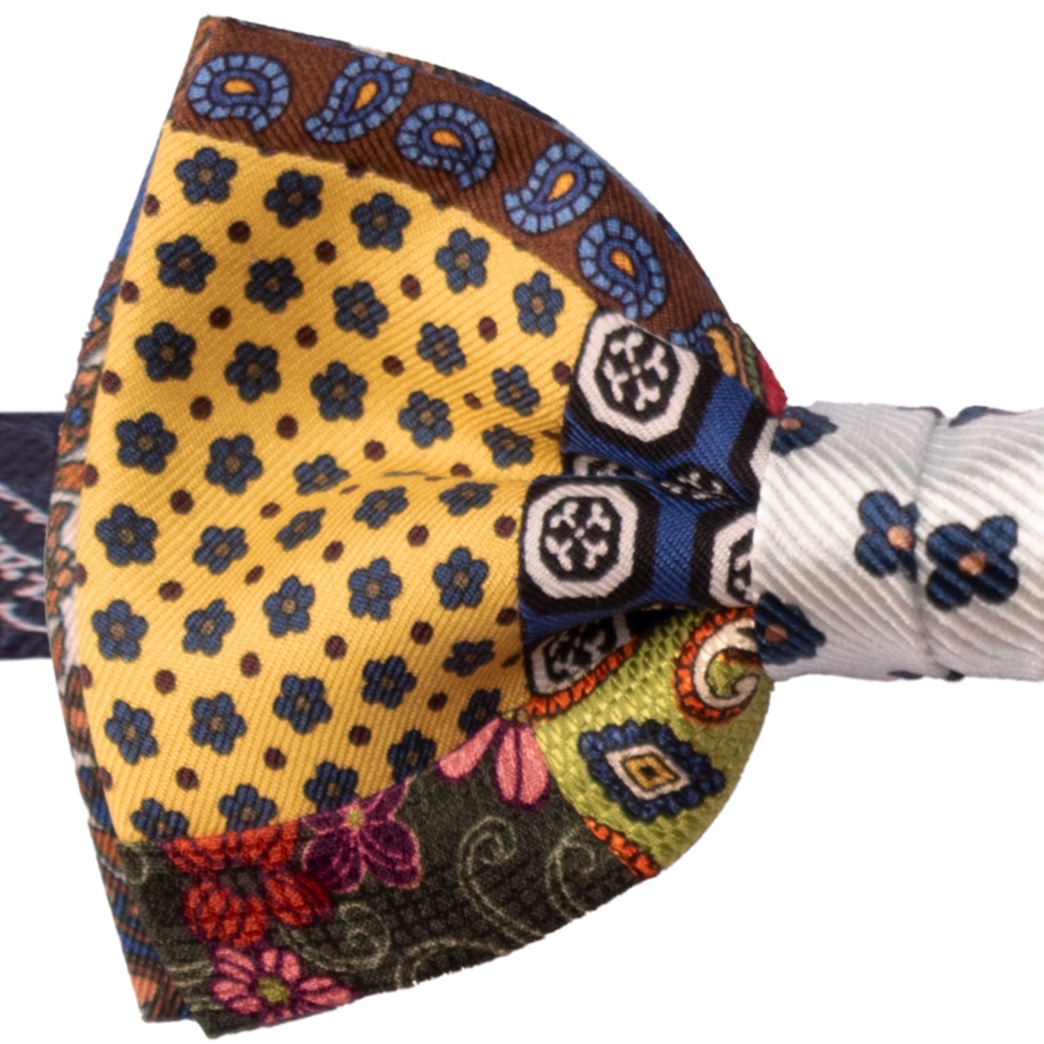 Papillon Annodato Vintage Patchwork Stampa di Seta Fantasia Multicolor PATCH1084 Made in Italy Graffeo Cravatte Dettaglio