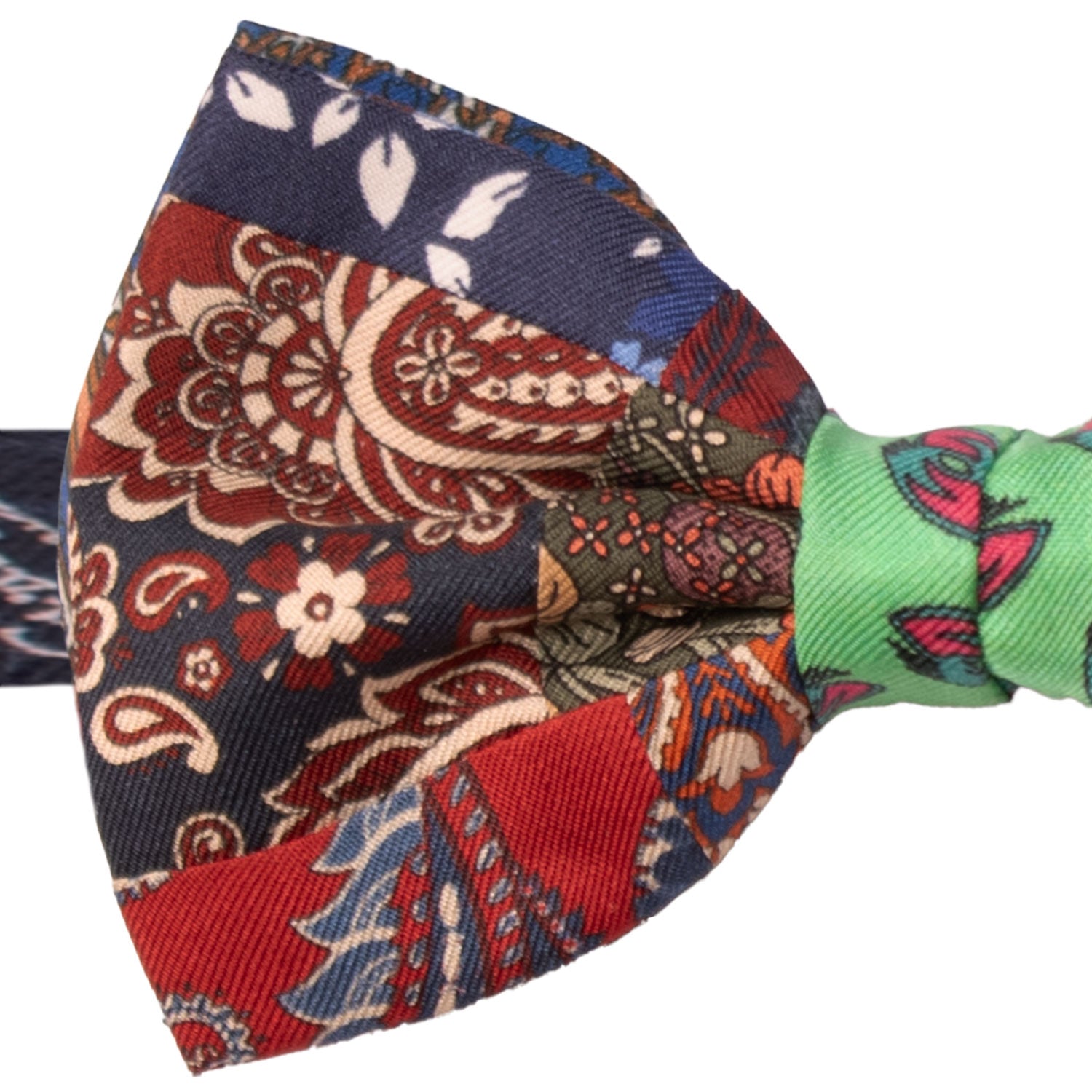 Papillon Annodato Vintage Patchwork Stampa di Seta Fantasia Multicolor PATCH1089 Made in Italy Graffeo Cravatte Dettaglio