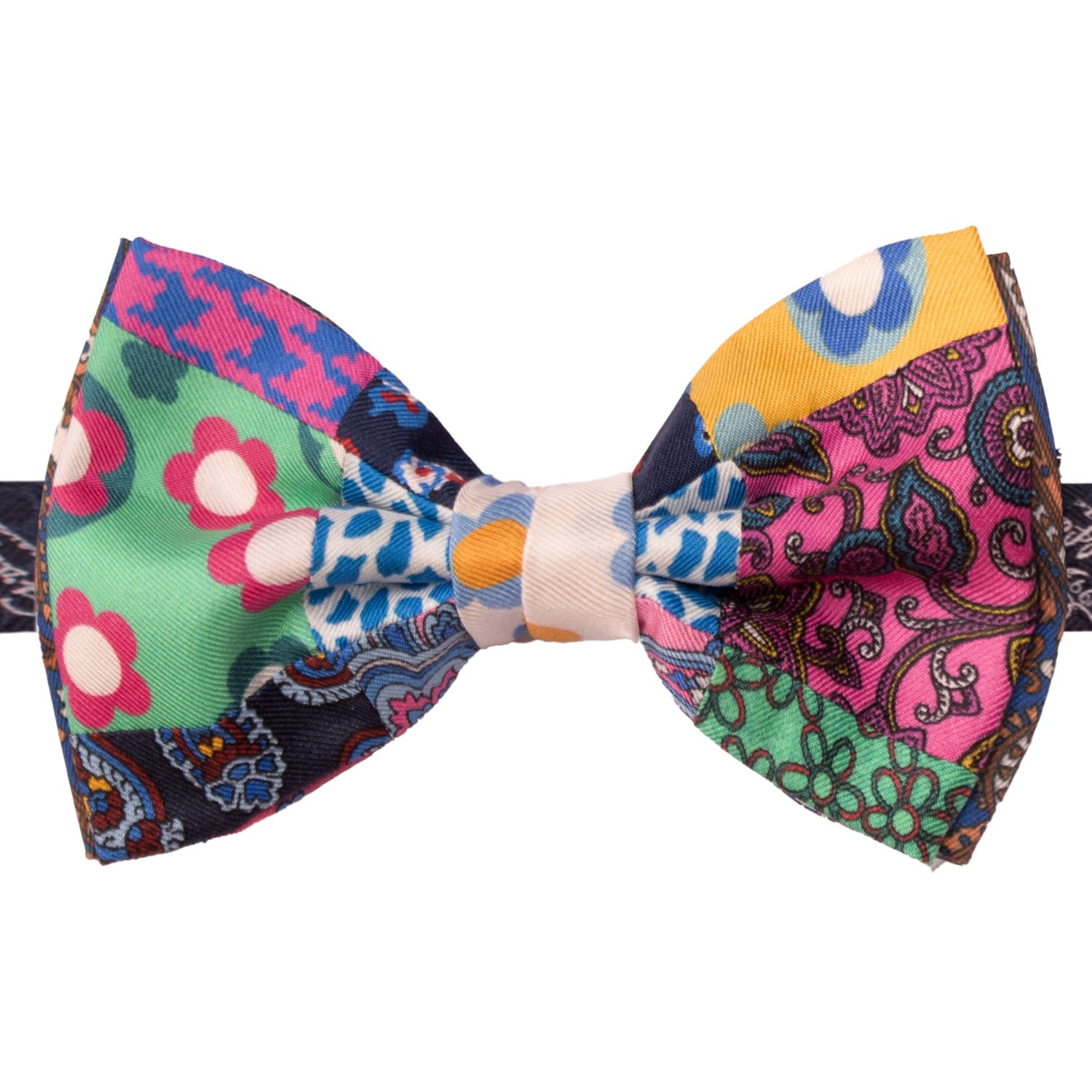 Papillon Annodato Vintage Patchwork Stampa di Seta Fantasia Multicolor PATCH1092 Made in Italy Graffeo Cravatte
