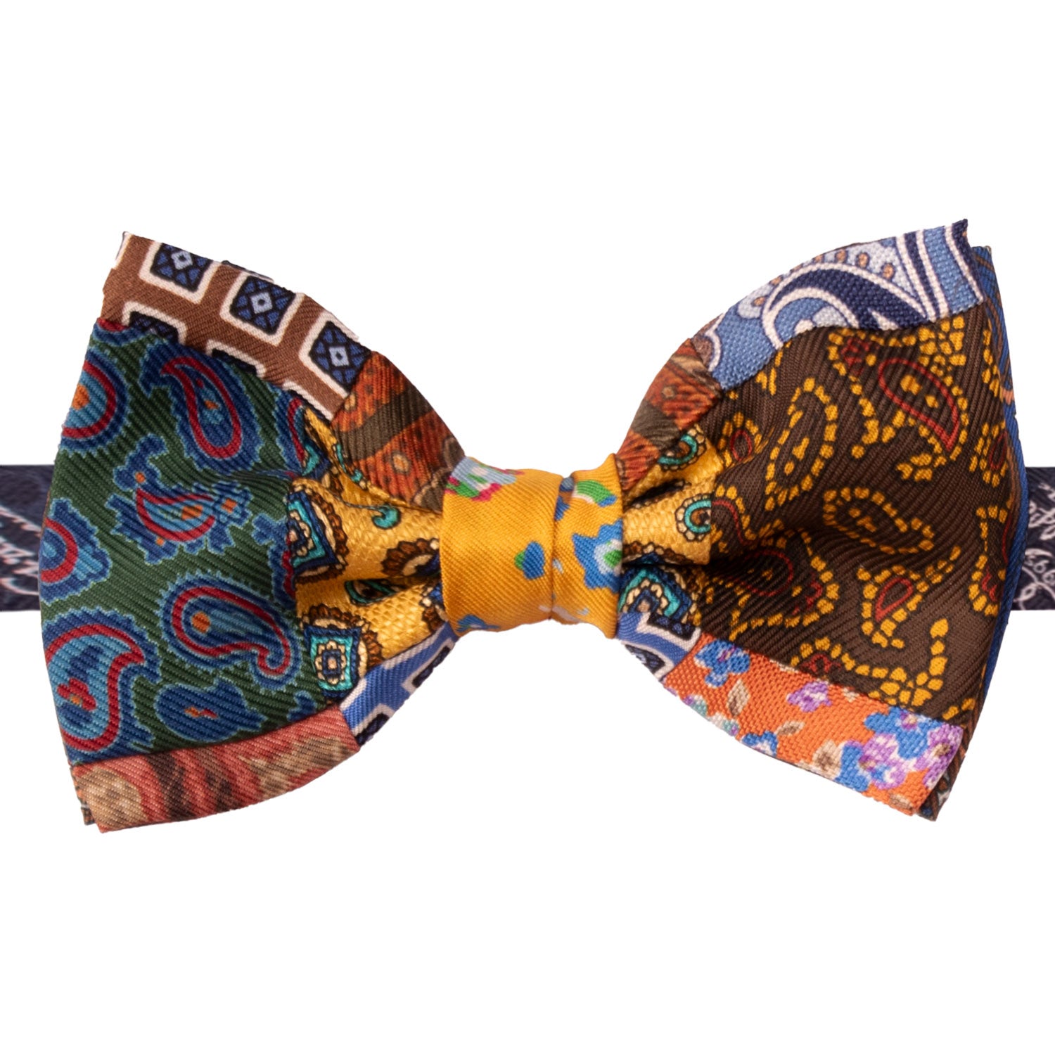 Papillon Annodato Vintage Patchwork Stampa di Seta Fantasia Multicolor PATCH1098 Made in Italy Graffeo Cravatte