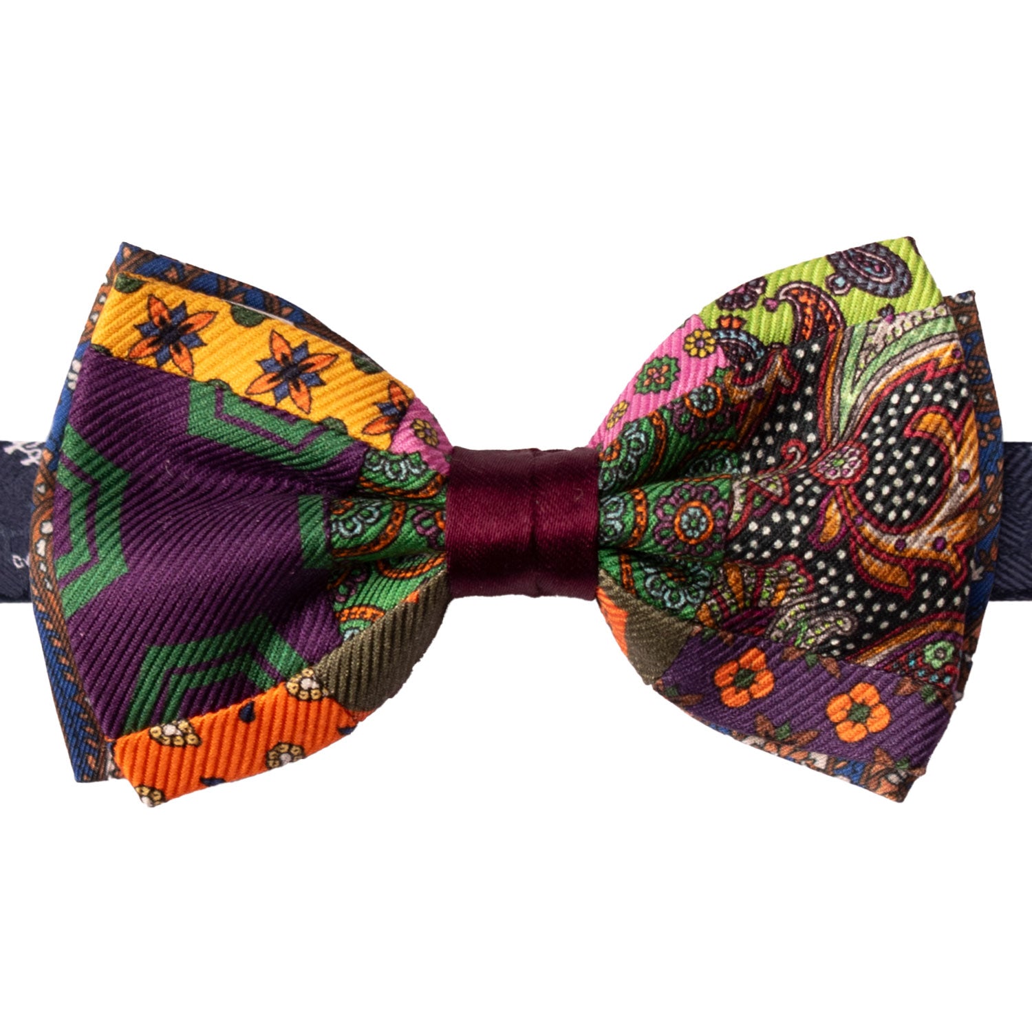 Papillon Annodato Vintage Patchwork Stampa di Seta Fantasia Multicolor PATCH1162 Graffeo Cravatte Made in Italy