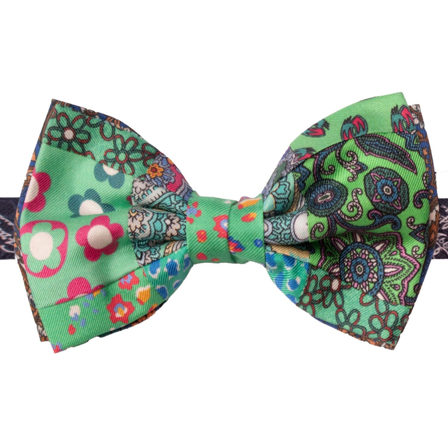 Papillon Annodato Vintage Patchwork Stampa di Seta Verde Fantasia Multicolor PATCH1099 Made in Italy Graffeo Cravatte