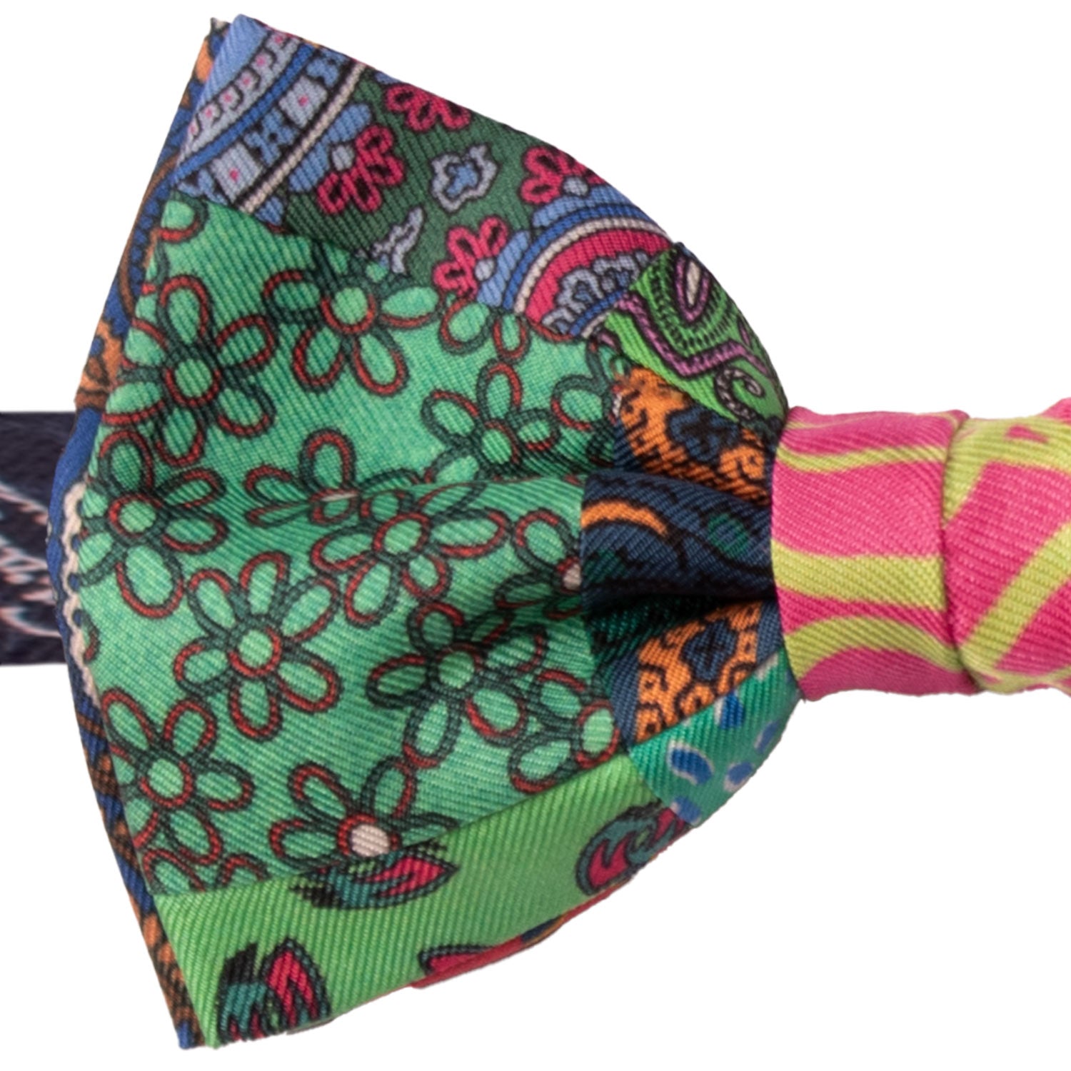 Papillon Annodato Vintage Patchwork Stampa di Seta Verde Fantasia Multicolor PATCH1101 Made in Italy Graffeo Cravatte Dettaglio