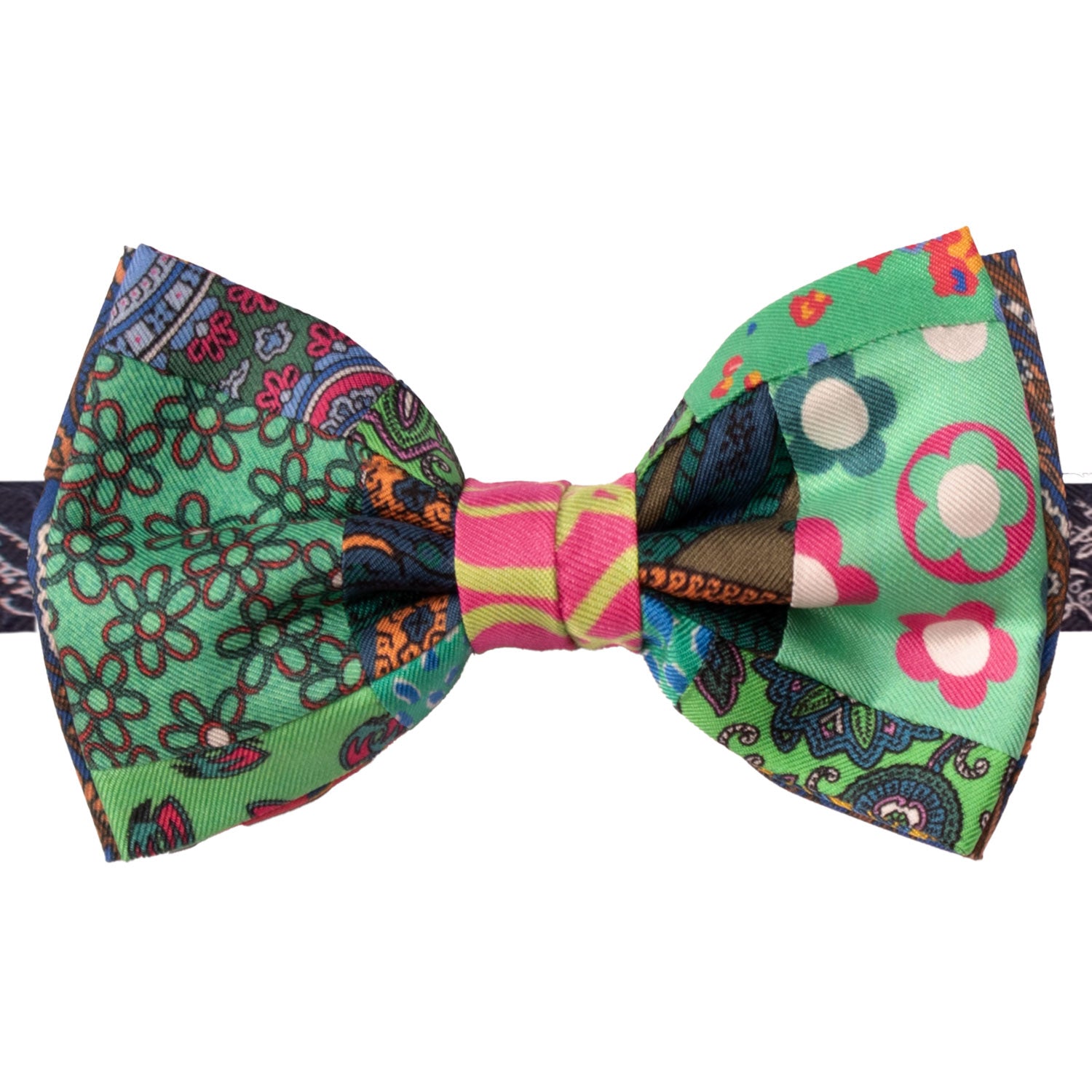 Papillon Annodato Vintage Patchwork Stampa di Seta Verde Fantasia Multicolor PATCH1101 Made in Italy Graffeo Cravatte