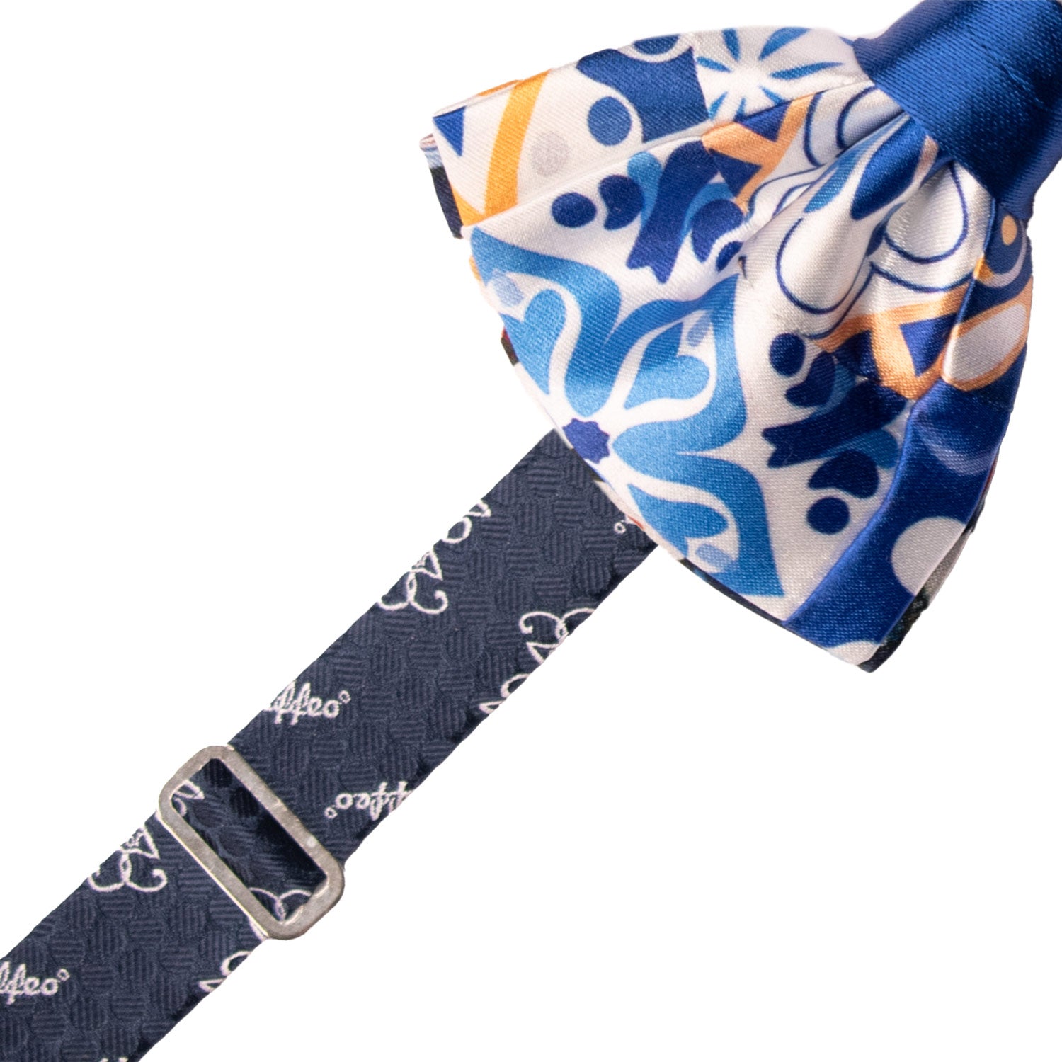 Papillon-Siciliano Annodato Vintage Patchwork di Raso Bianco con Maioliche Giallo Ocra Blu PATCH1215 Made in Italy Graffeo Cravatte Pre-Tied