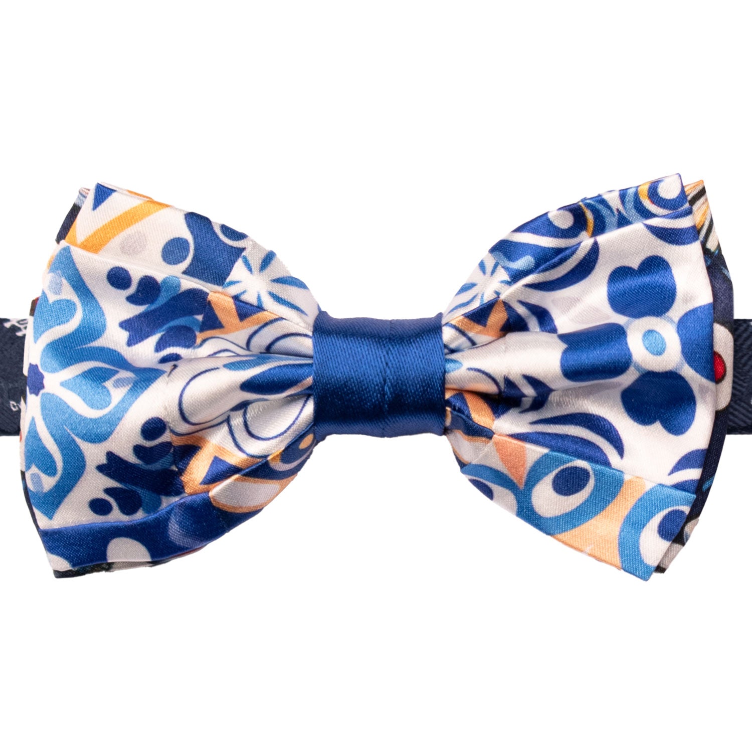 Papillon-Siciliano Annodato Vintage Patchwork di Raso Bianco con Maioliche Giallo Ocra Blu PATCH1215 Made in Italy Graffeo Cravatte