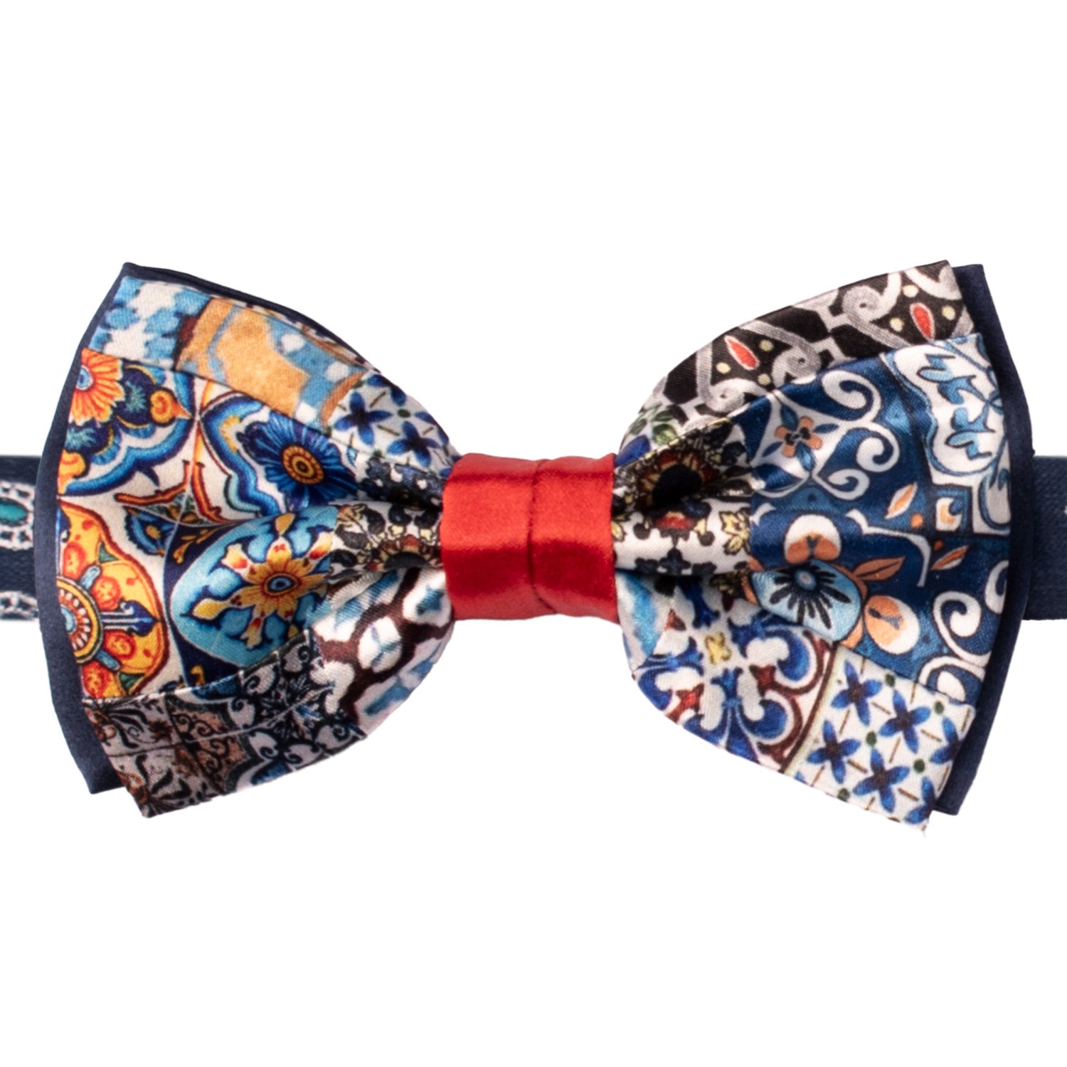 Papillon Siciliano Annodato Vintage Patchwork di Raso con Maioliche Multicolor PATCH1188 Made in Italy Graffeo Cravatte