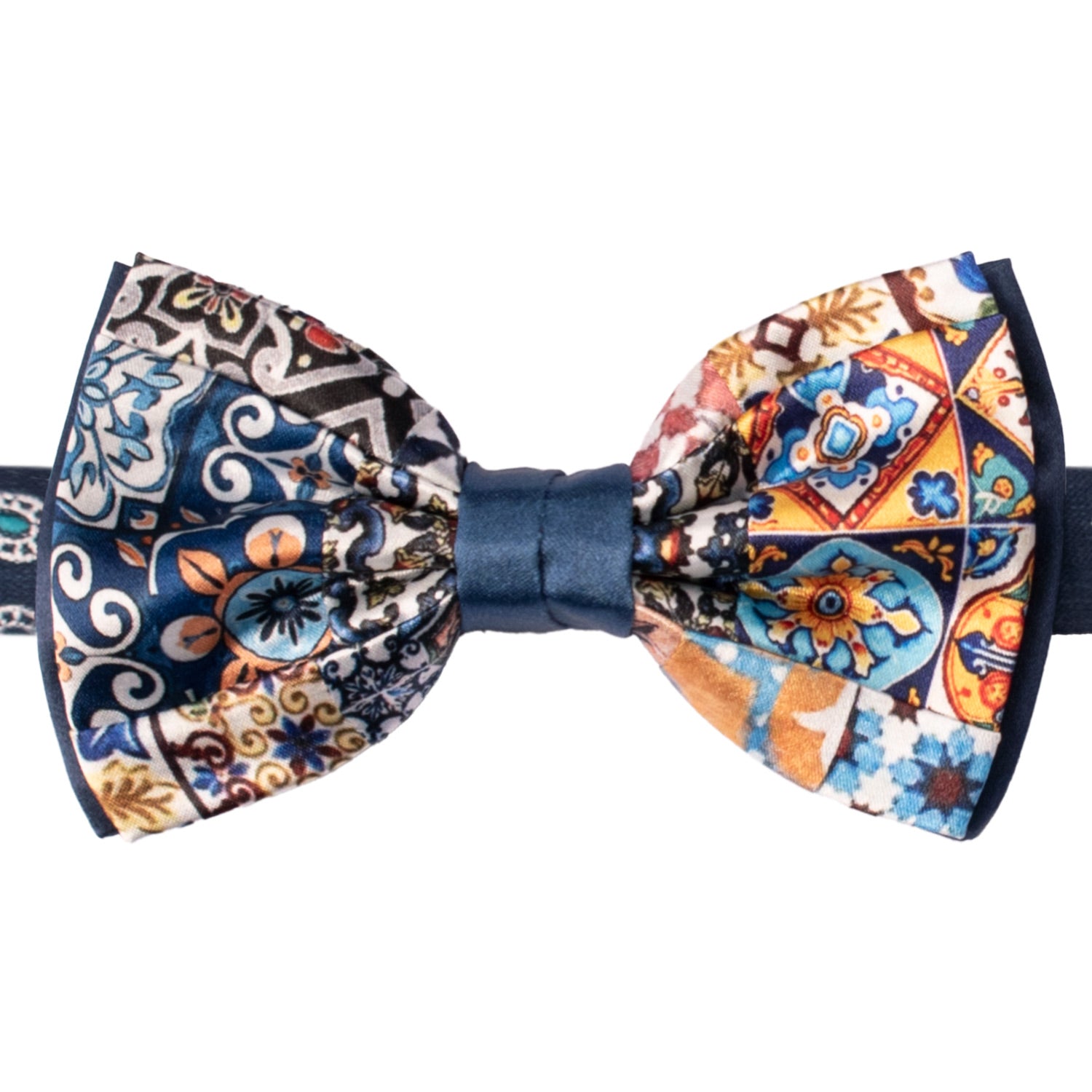 Papillon Siciliano Annodato Vintage Patchwork di Raso con Maioliche Multicolor PATCH1189 Made in Italy Graffeo Cravatte